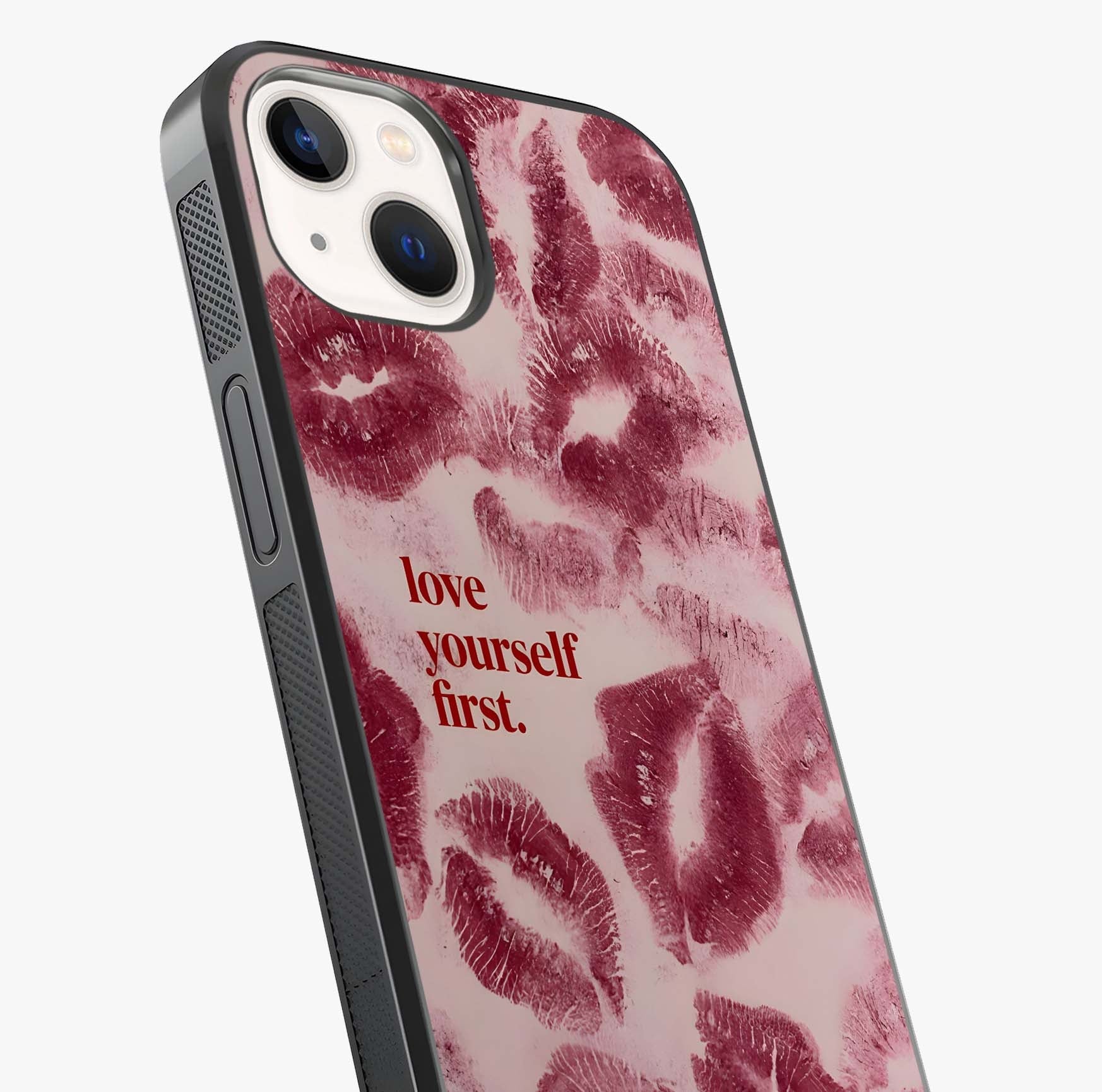 Crimson Kiss Love Glass Case captured at a warm angle highlighting gloss, texture and premium glass finish.