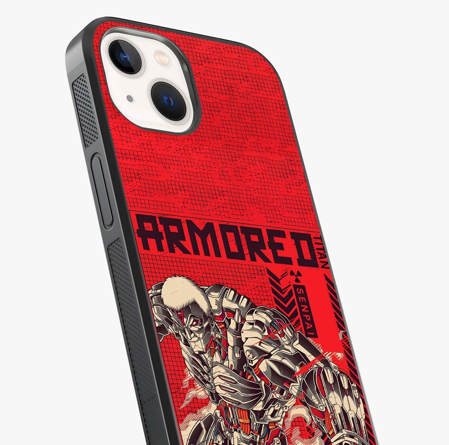Crimson Mecha Titan Glass Case captured at a warm angle highlighting gloss, texture and premium glass finish.