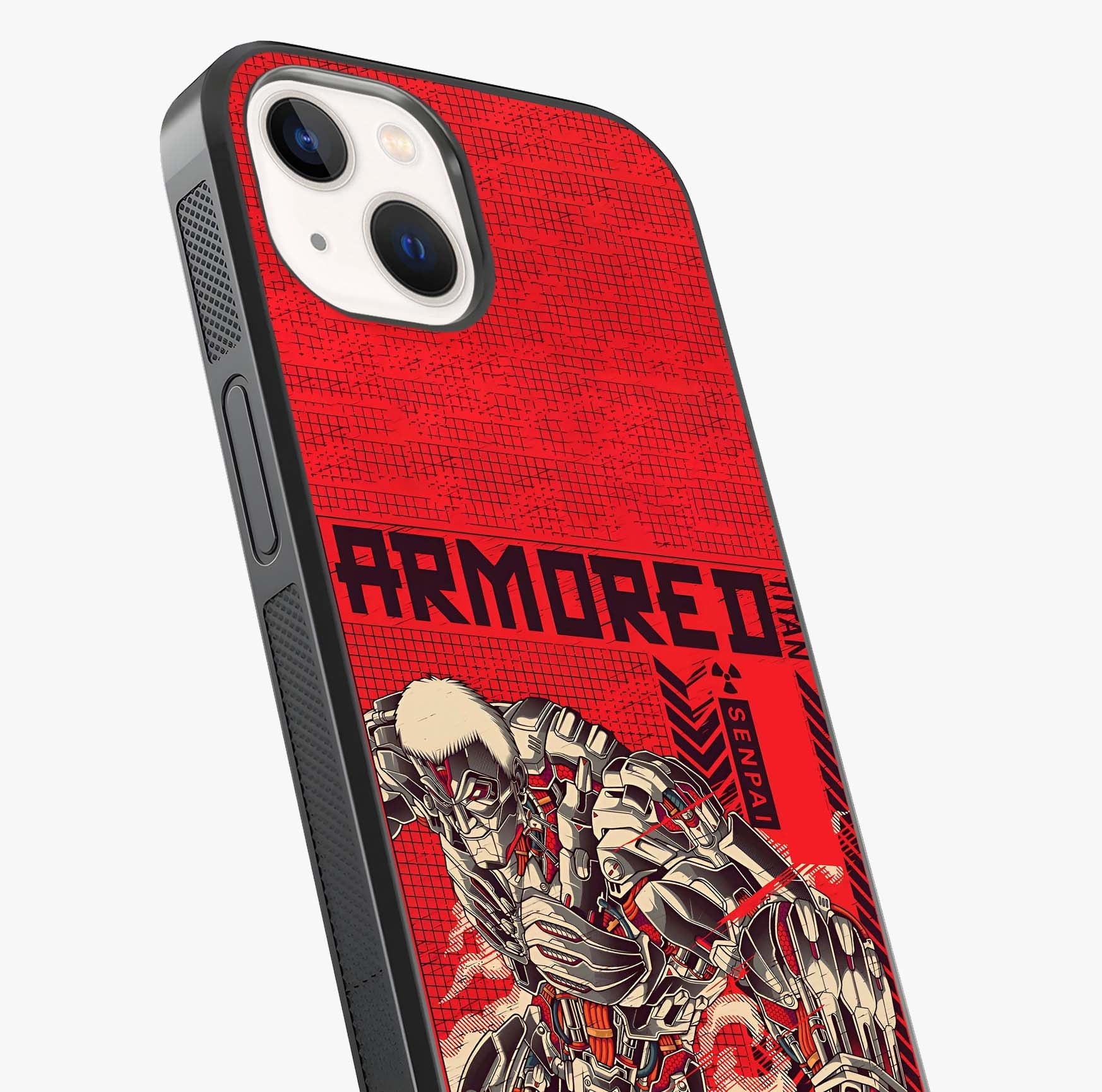 Crimson Mecha Titan Glass Case captured at a warm angle highlighting gloss, texture and premium glass finish.