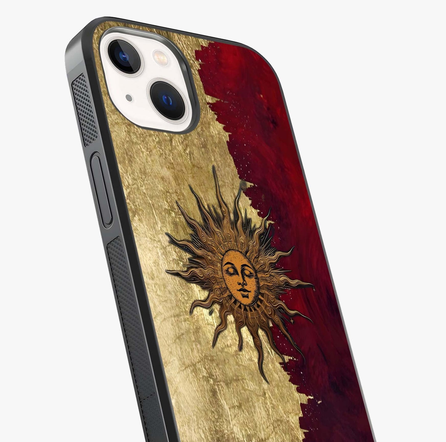 Crimson Sun Majesty Glass Case captured at a warm angle highlighting gloss, texture and premium glass finish.