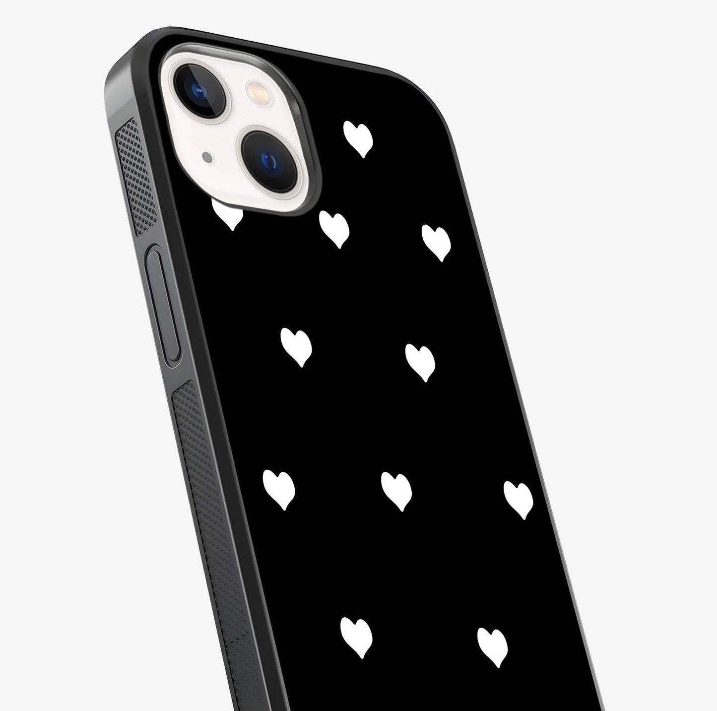 Cute And Simple White Hearts Glass Case captured at a warm angle highlighting gloss, texture and premium glass finish.