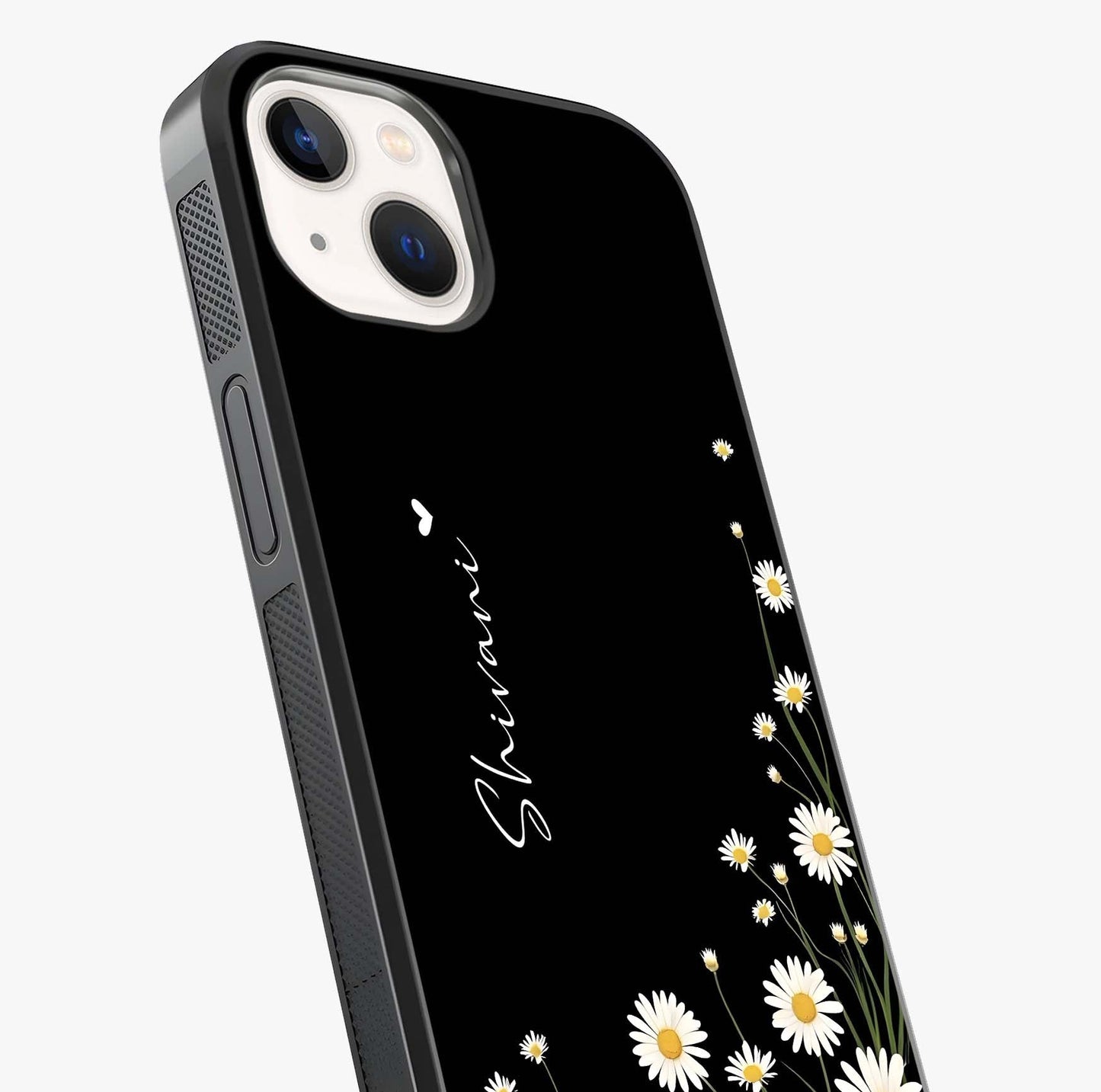 Daisy Cascade Custom Name Glass Case captured at a warm angle highlighting gloss, texture and premium glass finish.
