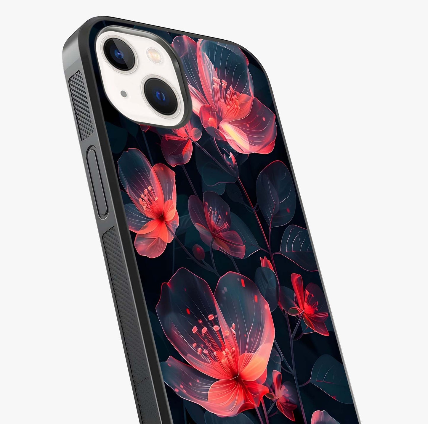 Dark Shade Of Flower Glass Case captured at a warm angle highlighting gloss, texture and premium glass finish.