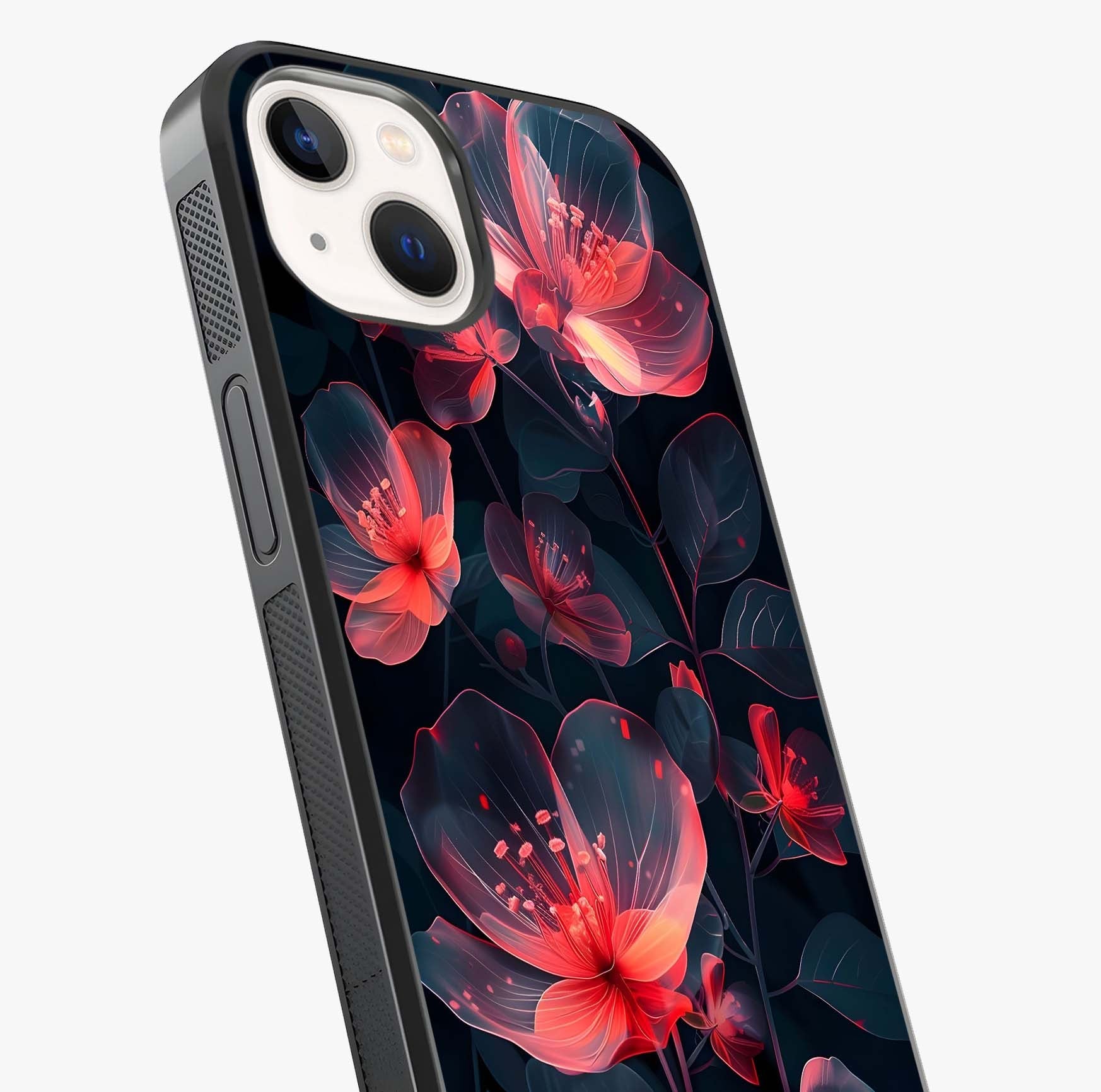 Dark Shade Of Flower Glass Case captured at a warm angle highlighting gloss, texture and premium glass finish.