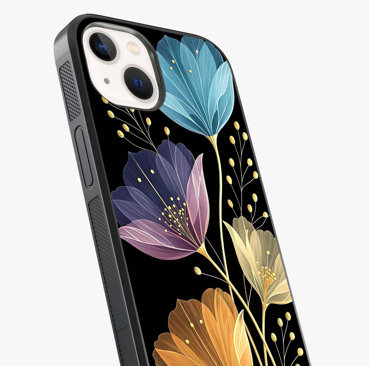 Delicate Multicolor Flowers Glass Case captured at a warm angle highlighting gloss, texture and premium glass finish.