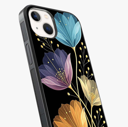 Delicate Multicolor Flowers Glass Case captured at a warm angle highlighting gloss, texture and premium glass finish.