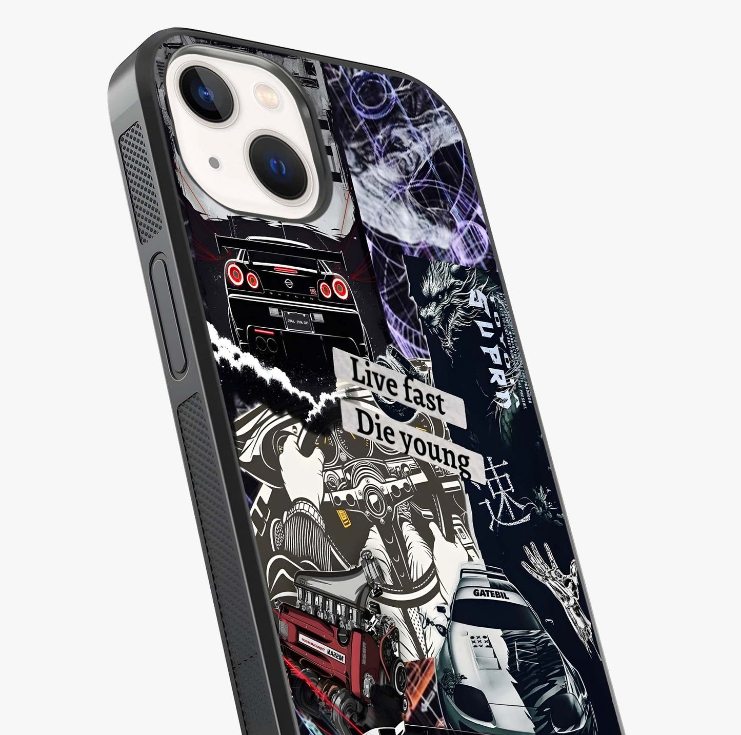 Die Young Glass Case captured at a warm angle highlighting gloss, texture and premium glass finish.