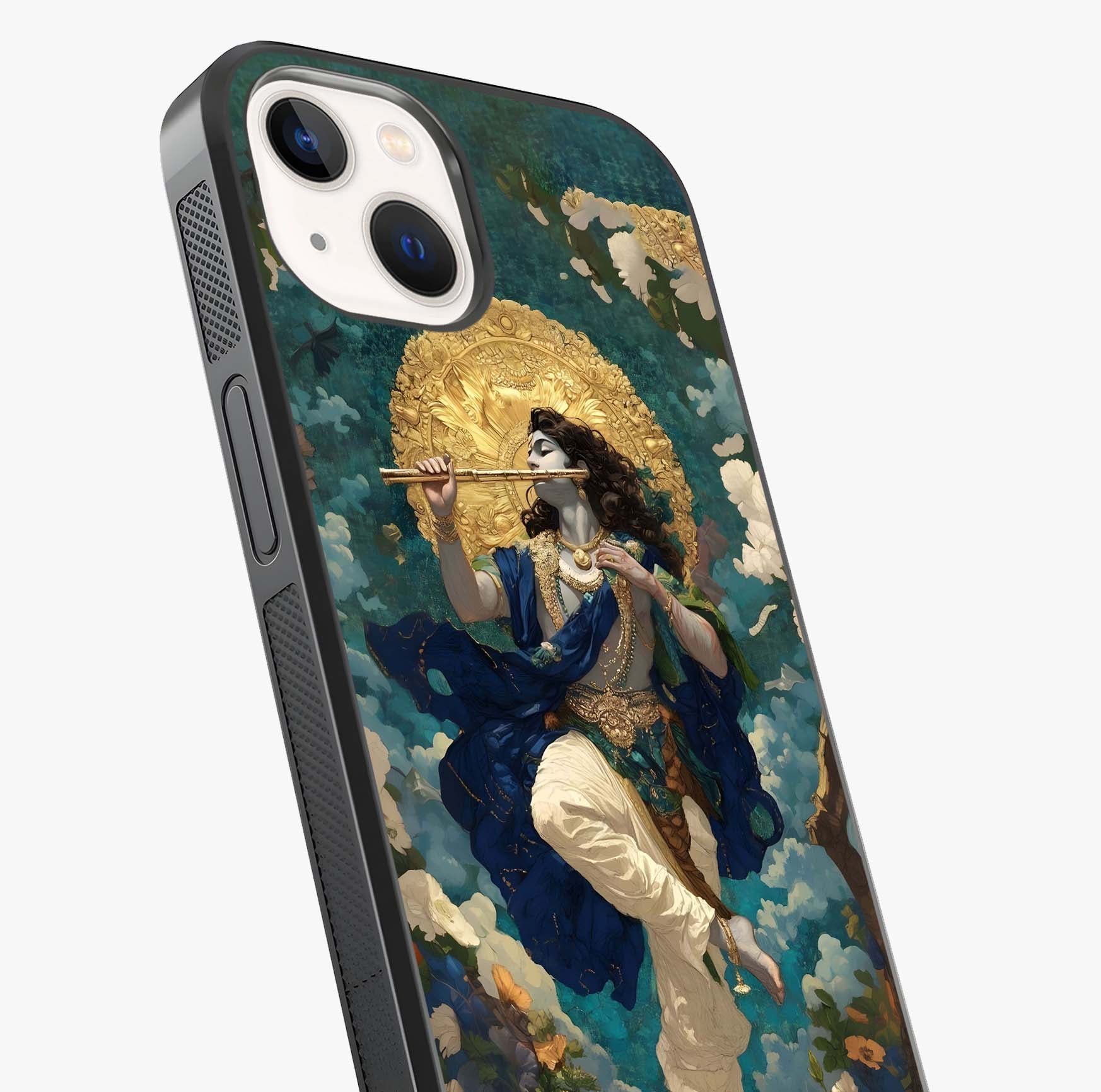 Divine Krishna Art Glass Case captured at a warm angle highlighting gloss, texture and premium glass finish.