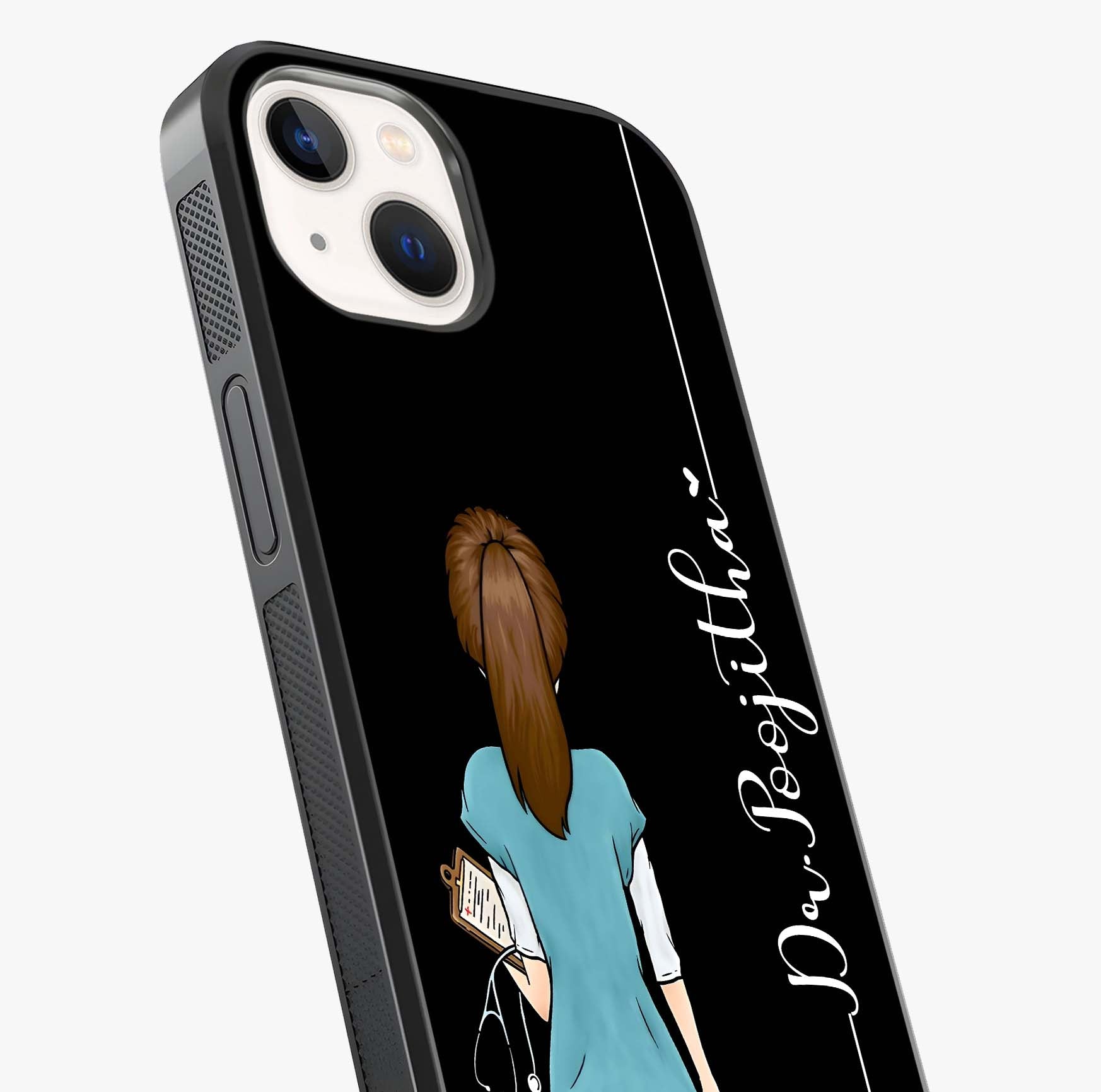 Doctor Pattern Custom Name Glass Case captured at a warm angle highlighting gloss, texture and premium glass finish.