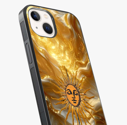 Eternal Golden Glow Glass Case captured at a warm angle highlighting gloss, texture and premium glass finish.