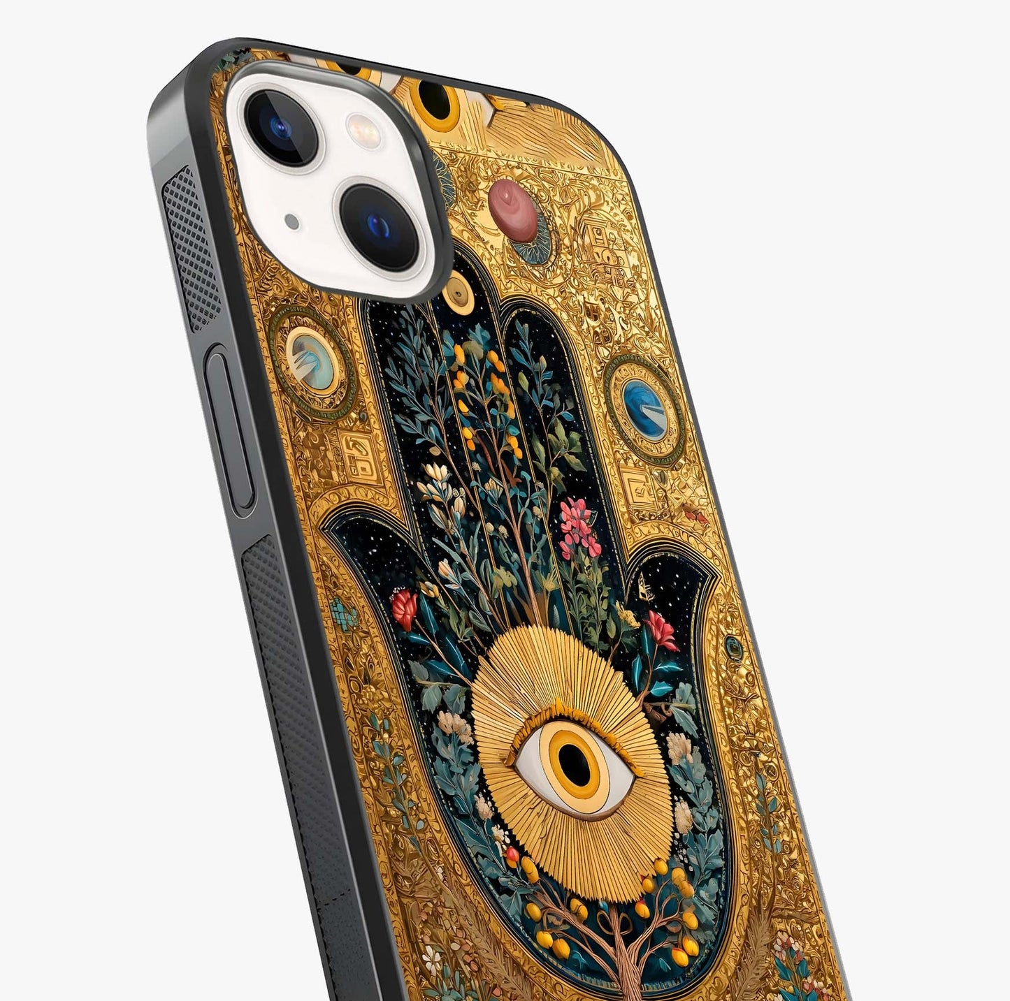 Ethereal Evil Eye Glass Case captured at a warm angle highlighting gloss, texture and premium glass finish.