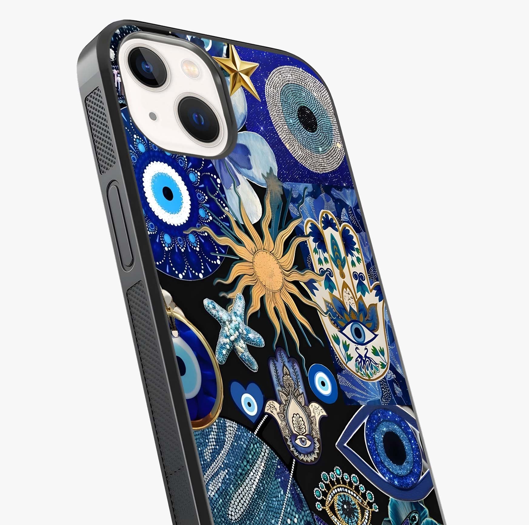 Evil Eye Charm Mix Glass Case captured at a warm angle highlighting gloss, texture and premium glass finish.