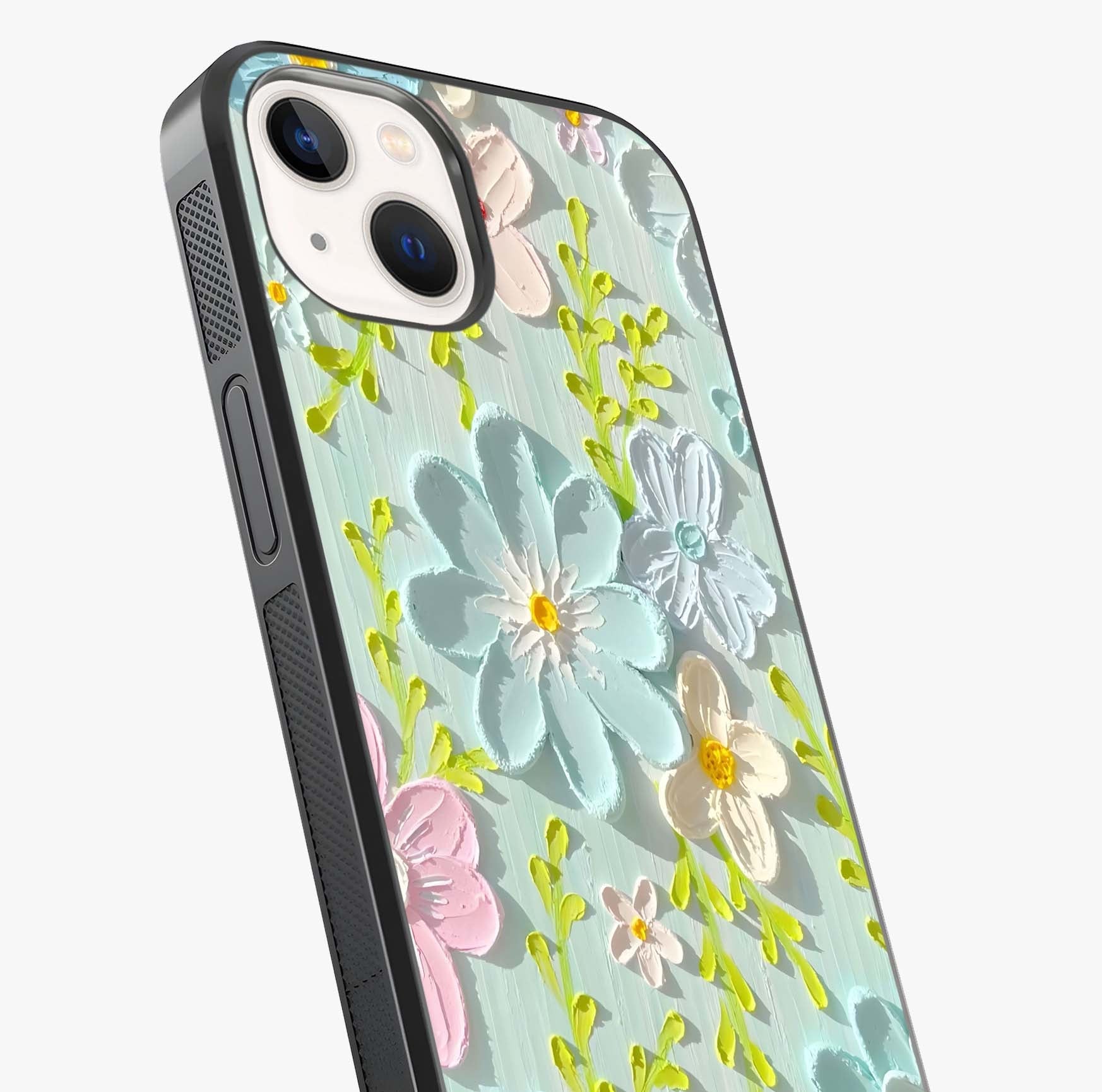 Frosted Petal Garden Glass Case captured at a warm angle highlighting gloss, texture and premium glass finish.