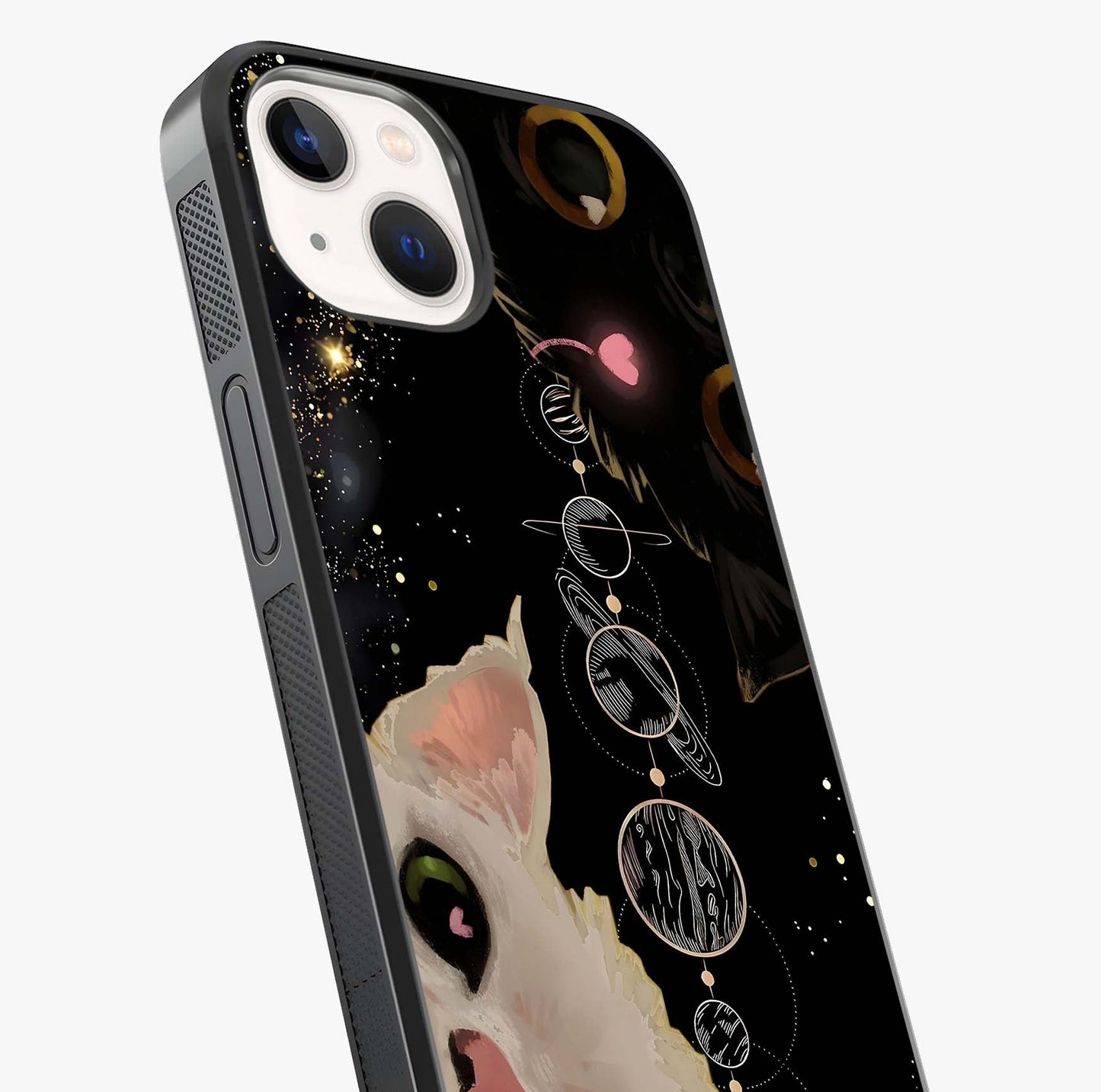 Galactic Cat Glass Case captured at a warm angle highlighting gloss, texture and premium glass finish.