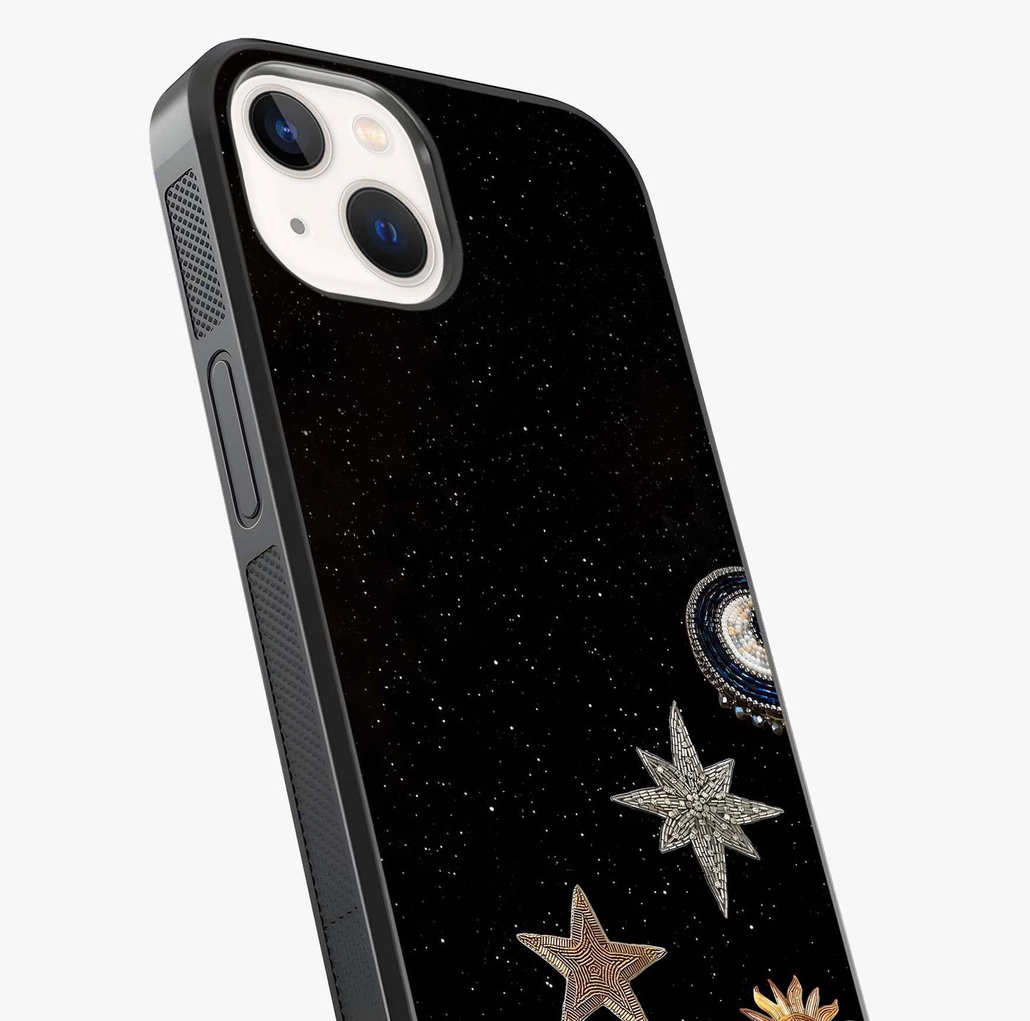 Galactic Charm Glow Glass Case captured at a warm angle highlighting gloss, texture and premium glass finish.