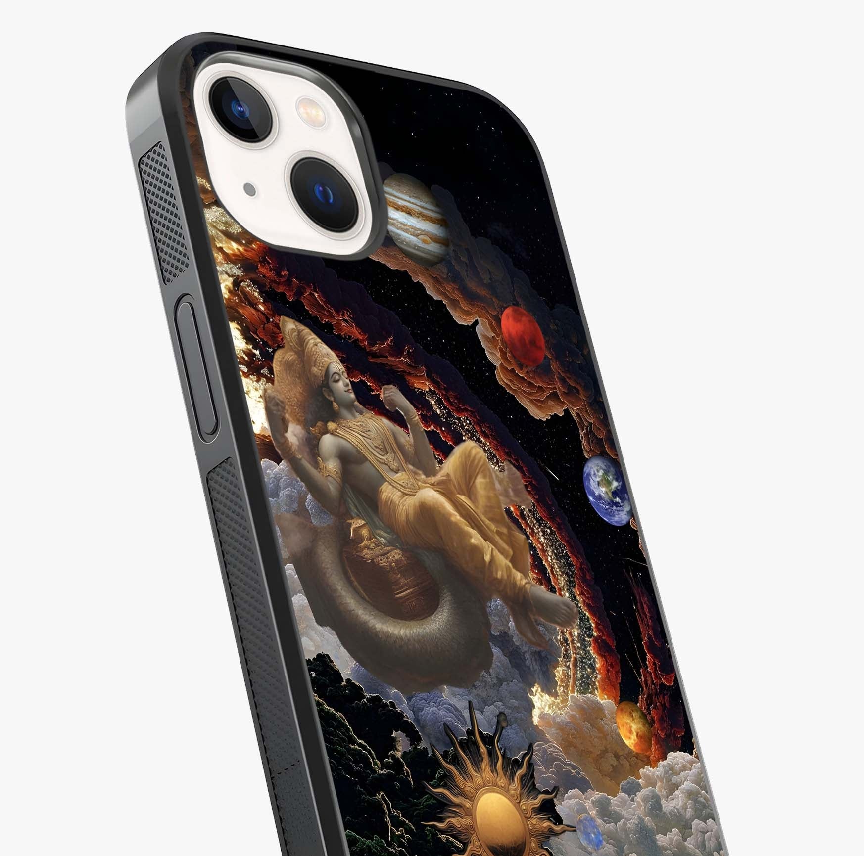 Galactic Divine God Glass Case captured at a warm angle highlighting gloss, texture and premium glass finish.