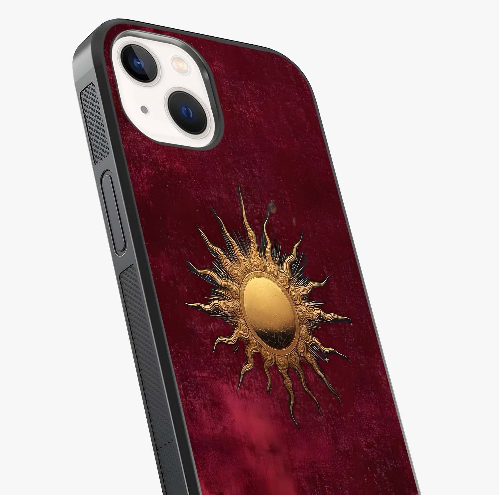 Gold Sun Blush Glass Case captured at a warm angle highlighting gloss, texture and premium glass finish.