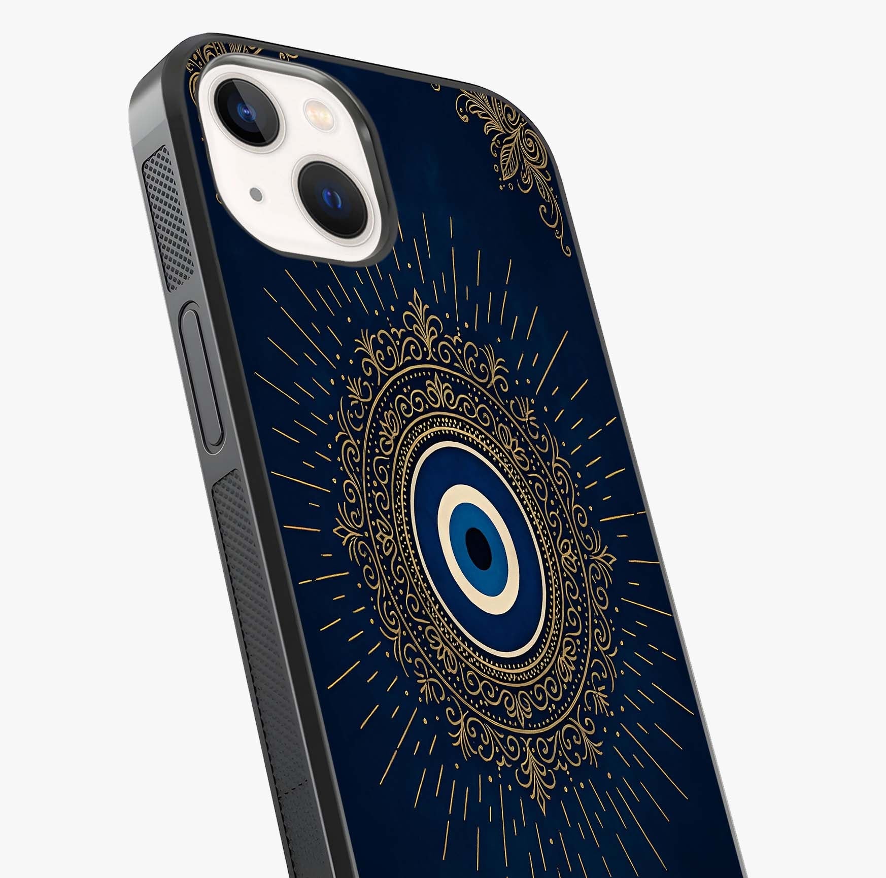Golden Evil Eye Mandala Glass Case captured at a warm angle highlighting gloss, texture and premium glass finish.