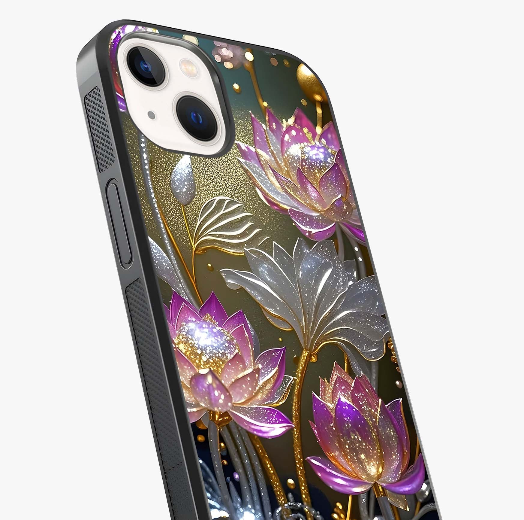 Golden Lotus Glow Glass Case captured at a warm angle highlighting gloss, texture and premium glass finish.