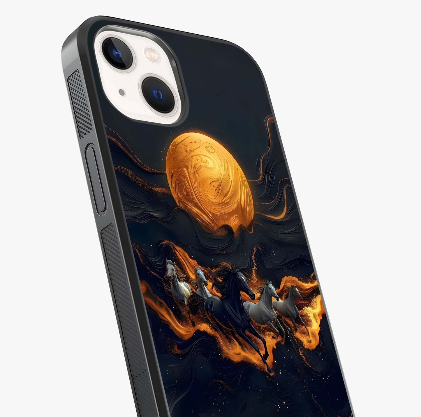 Golden Stallion Moonride Glass Case captured at a warm angle highlighting gloss, texture and premium glass finish.