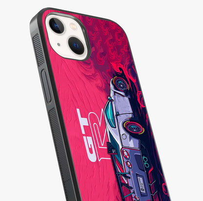 GT R Car Pattern Glass Case captured at a warm angle highlighting gloss, texture and premium glass finish.