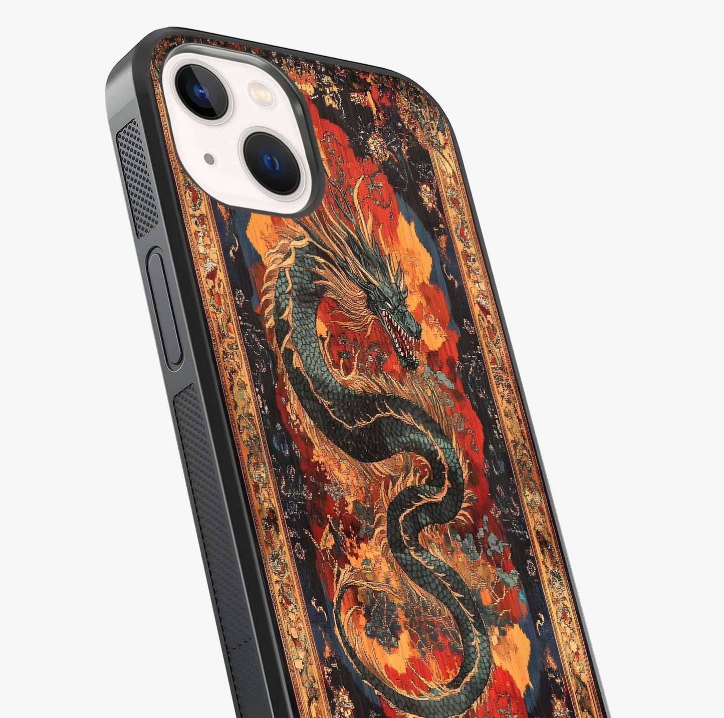 Inferno Dragon Soul Glass Case captured at a warm angle highlighting gloss, texture and premium glass finish.