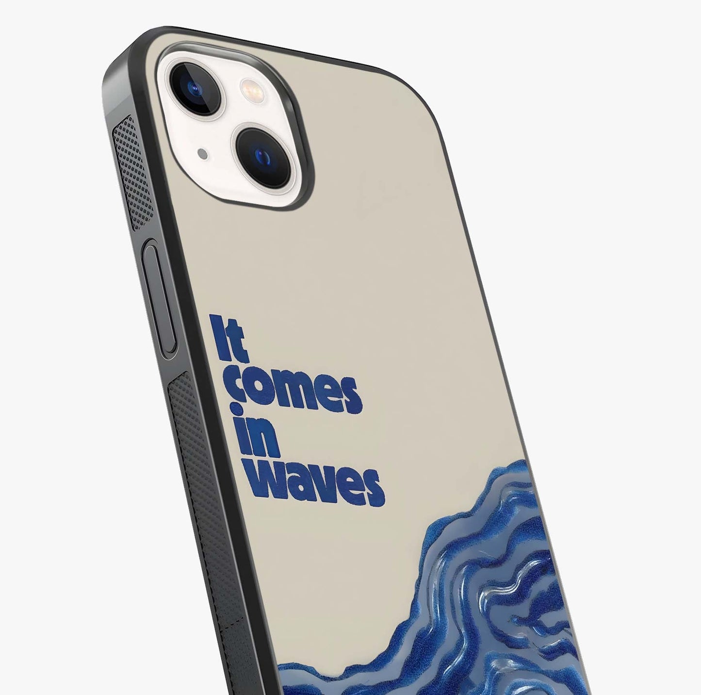 It Comes In Waves Quote Glass Case captured at a warm angle highlighting gloss, texture and premium glass finish.