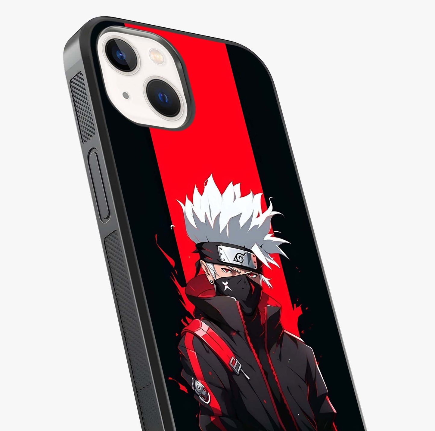 Kakashi Scarlet Shadow Glass Case captured at a warm angle highlighting gloss, texture and premium glass finish.