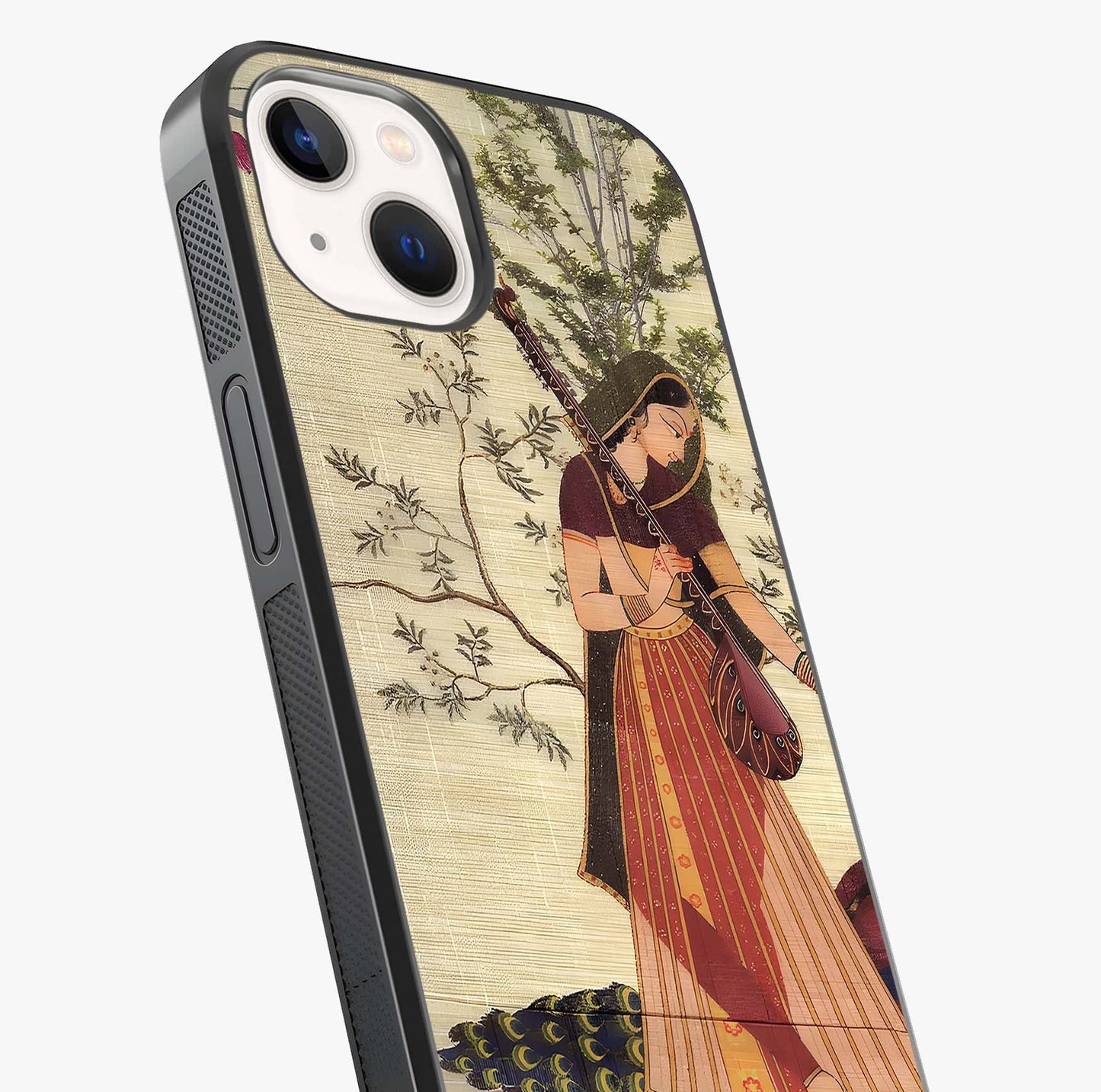 Lady With Veena Art Glass Case captured at a warm angle highlighting gloss, texture and premium glass finish.