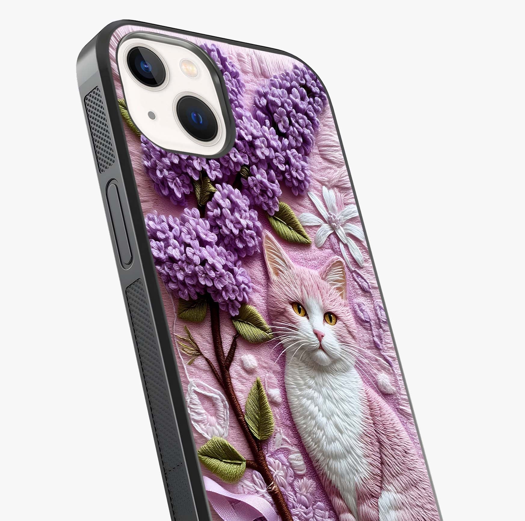 Lavender Cat Whimsy Glass Case captured at a warm angle highlighting gloss, texture and premium glass finish.