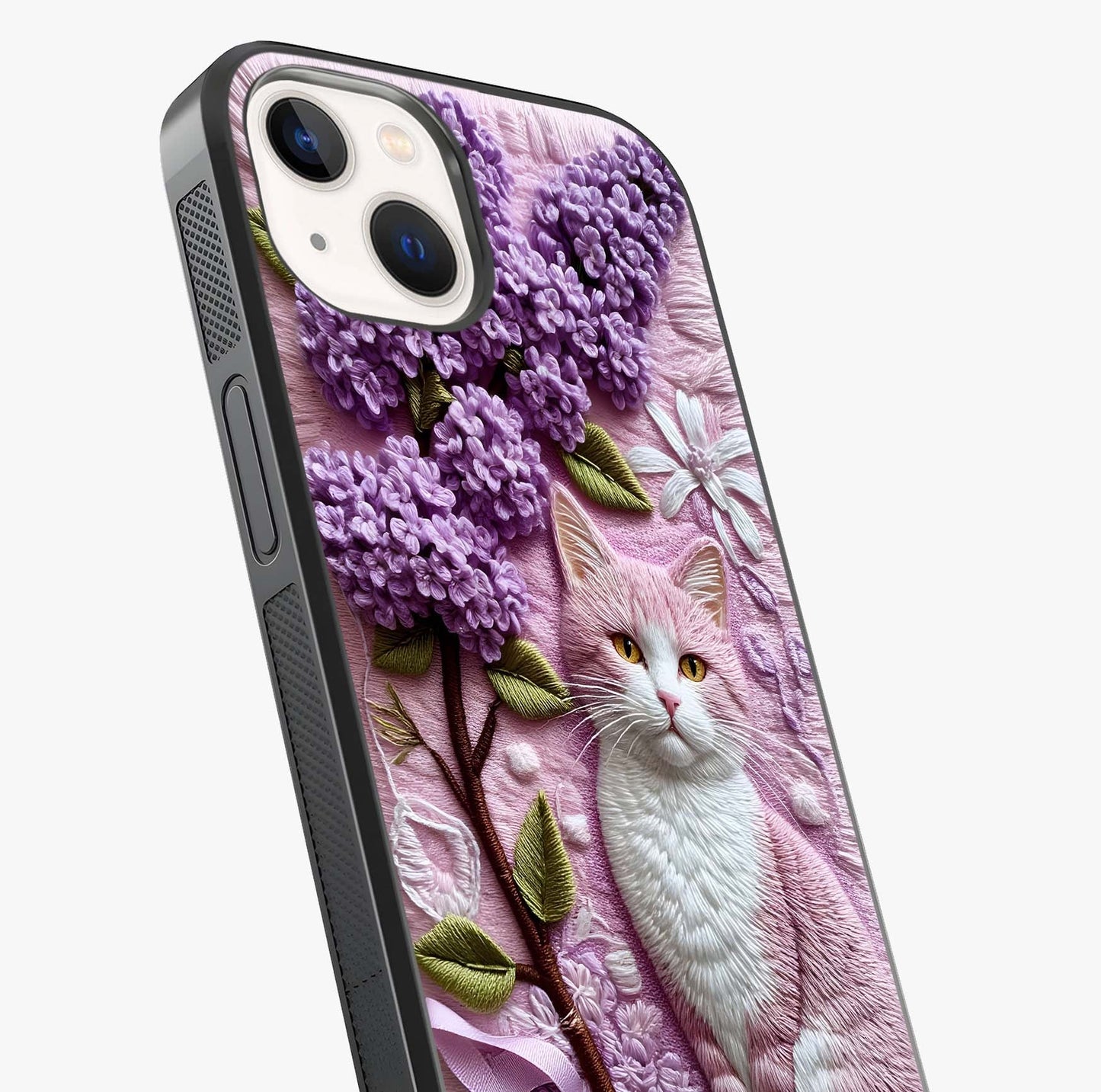 Lavender Cat Whimsy Glass Case captured at a warm angle highlighting gloss, texture and premium glass finish.