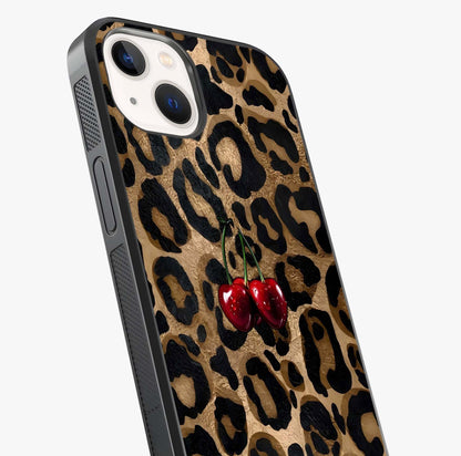 Leopard Wild Cherry Glass Case captured at a warm angle highlighting gloss, texture and premium glass finish.