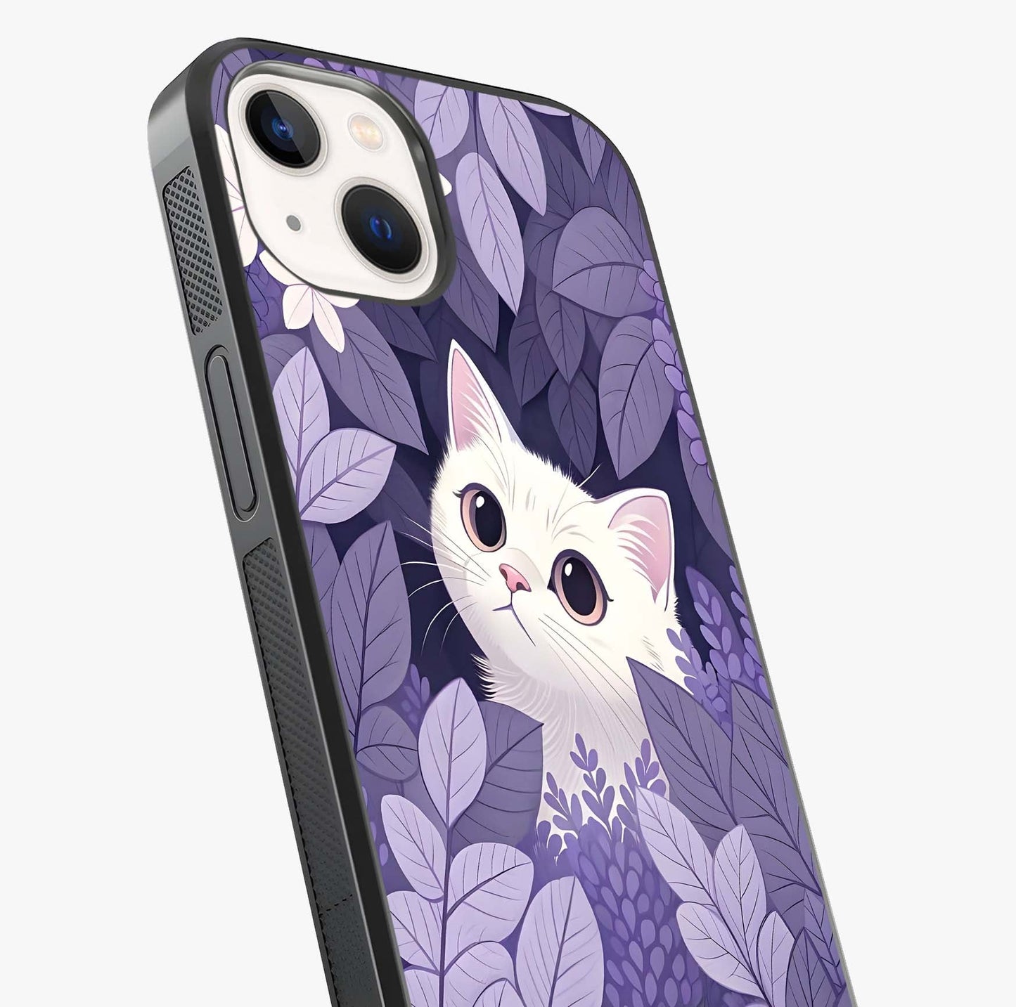 Lilac Hide Peek Cat Glass Case captured at a warm angle highlighting gloss, texture and premium glass finish.