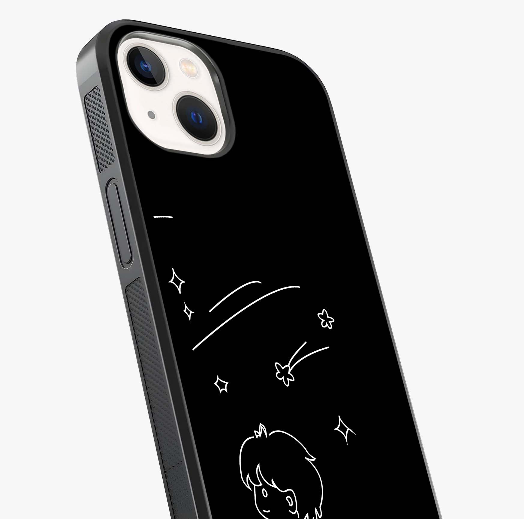 Line Art Boy With Shooting Stars Glass Case captured at a warm angle highlighting gloss, texture and premium glass finish.
