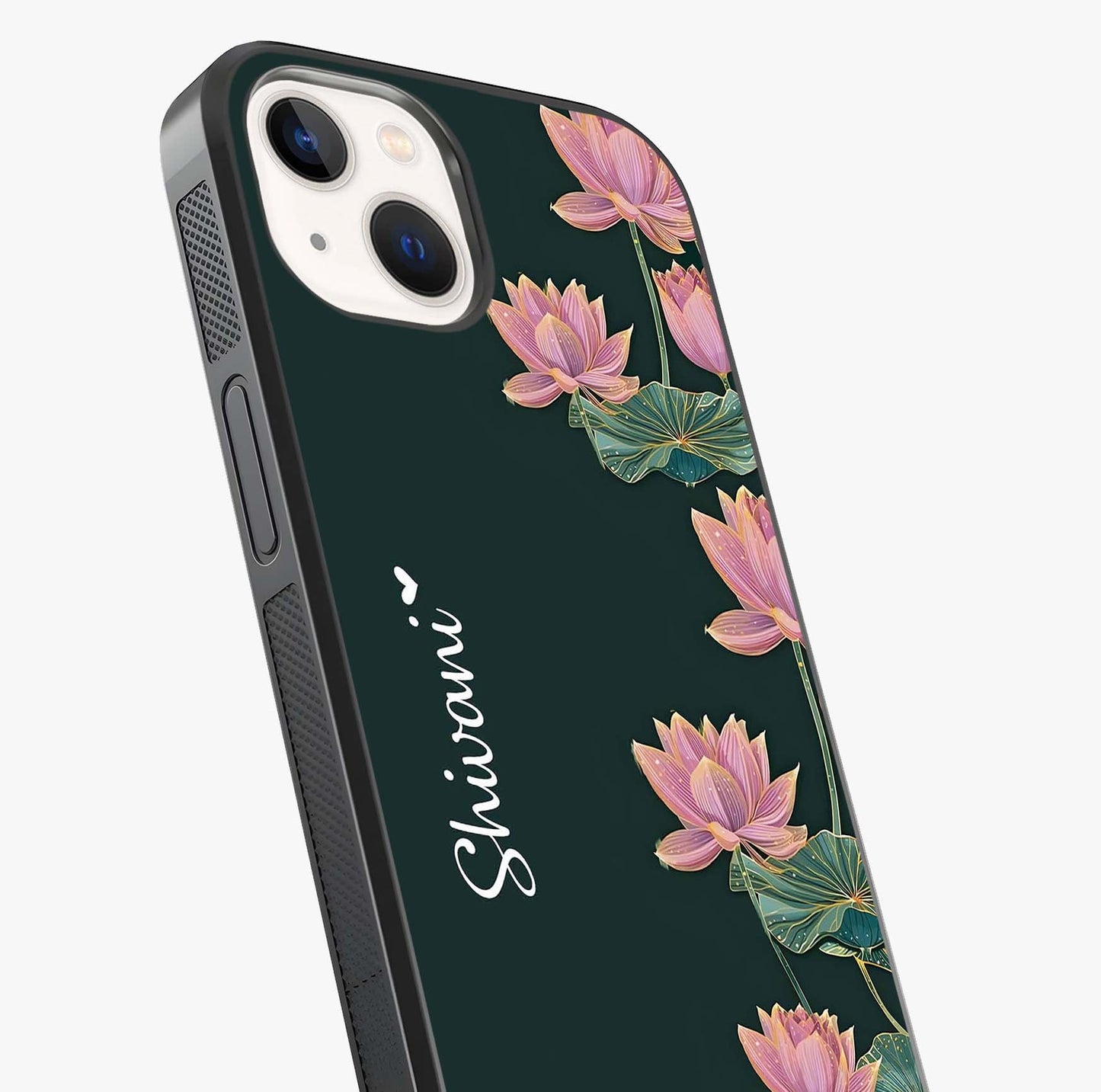 Lotus Bloom Serenity Custom Name Glass Case captured at a warm angle highlighting gloss, texture and premium glass finish.