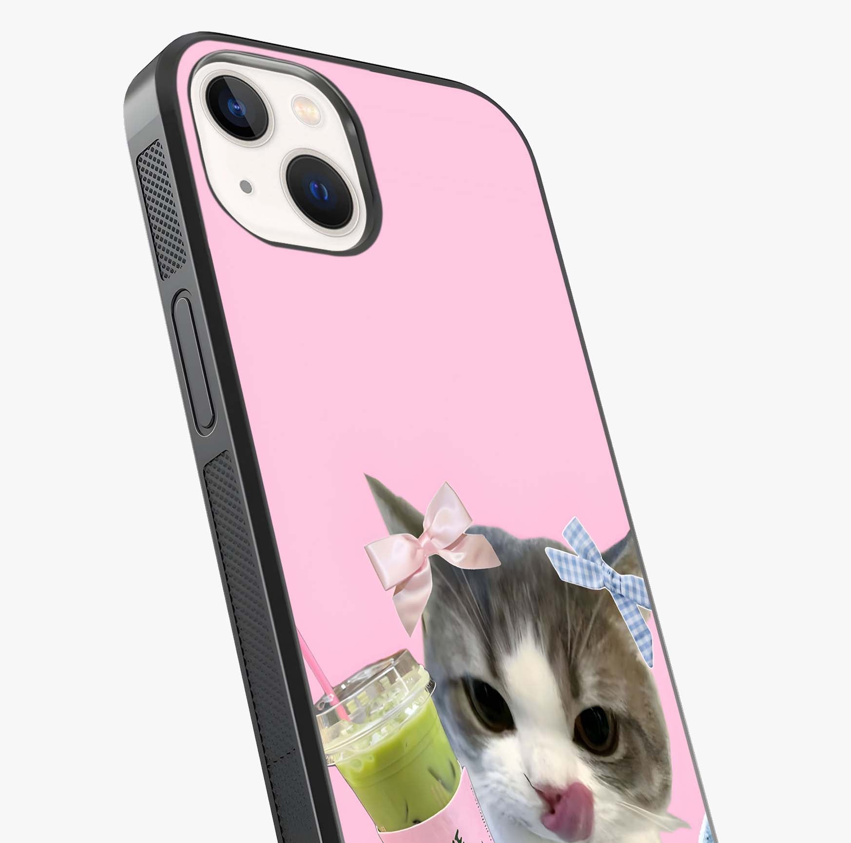 Love Matcha Cat Glass Case captured at a warm angle highlighting gloss, texture and premium glass finish.