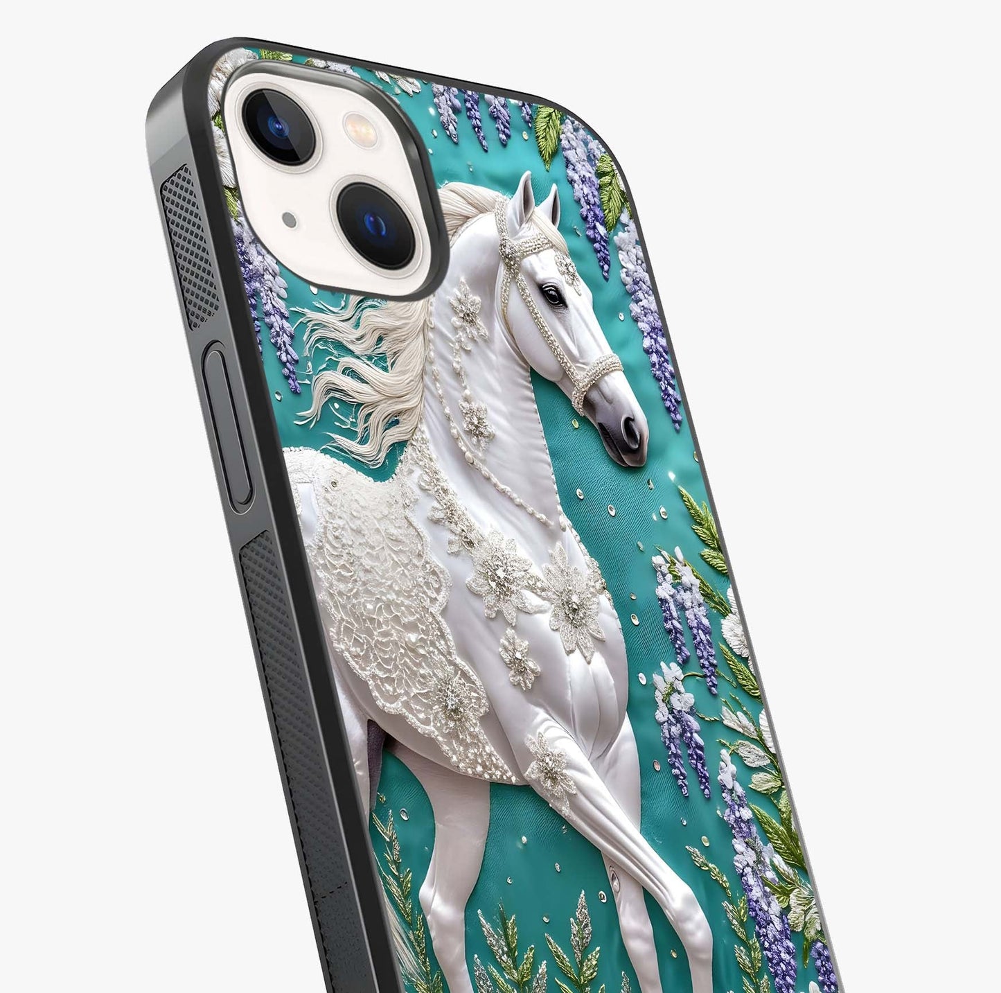 Majestic Floral Stallion Glass Case captured at a warm angle highlighting gloss, texture and premium glass finish.