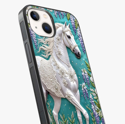 Majestic Floral Stallion Glass Case captured at a warm angle highlighting gloss, texture and premium glass finish.