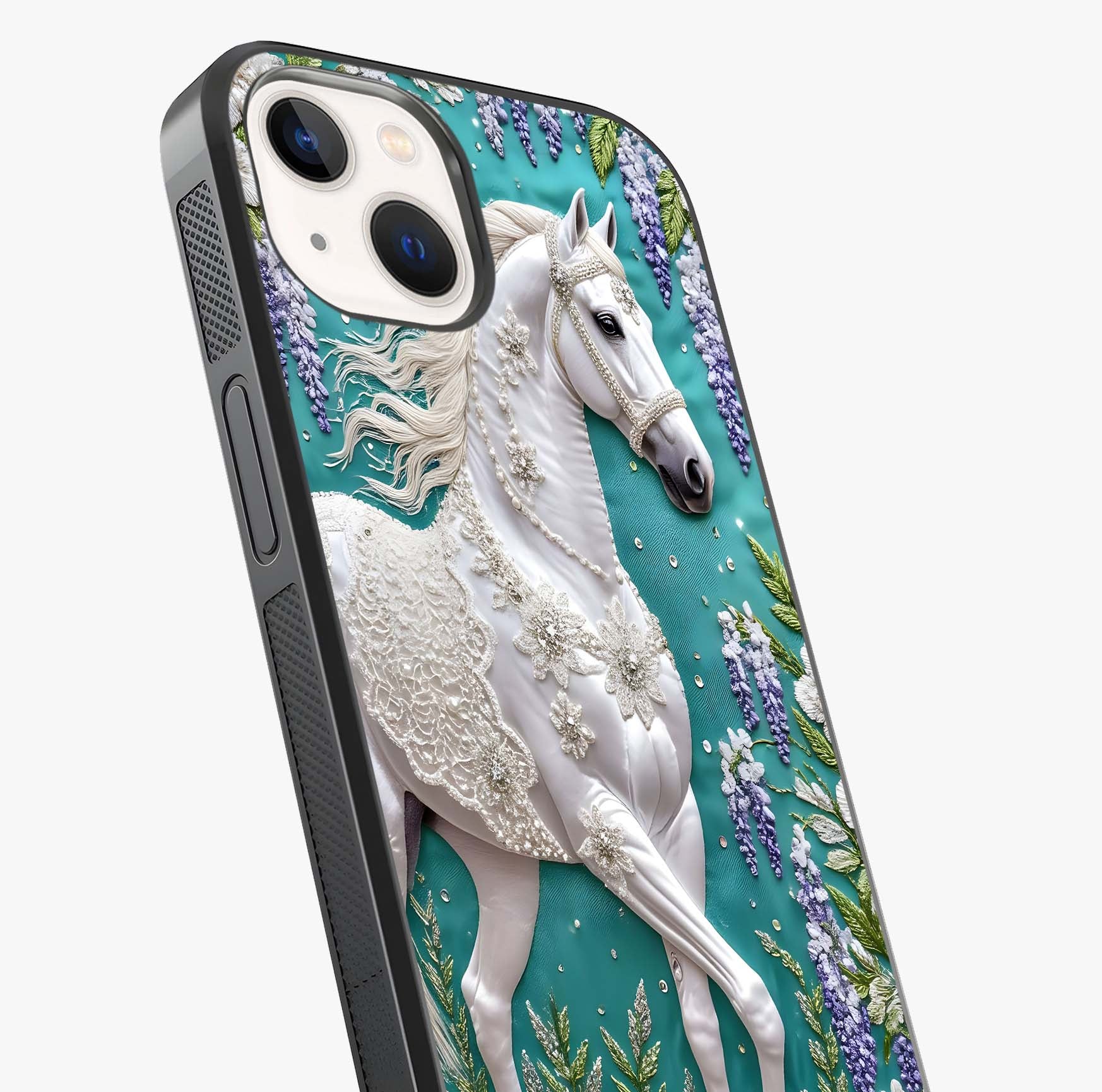 Majestic Floral Stallion Glass Case captured at a warm angle highlighting gloss, texture and premium glass finish.