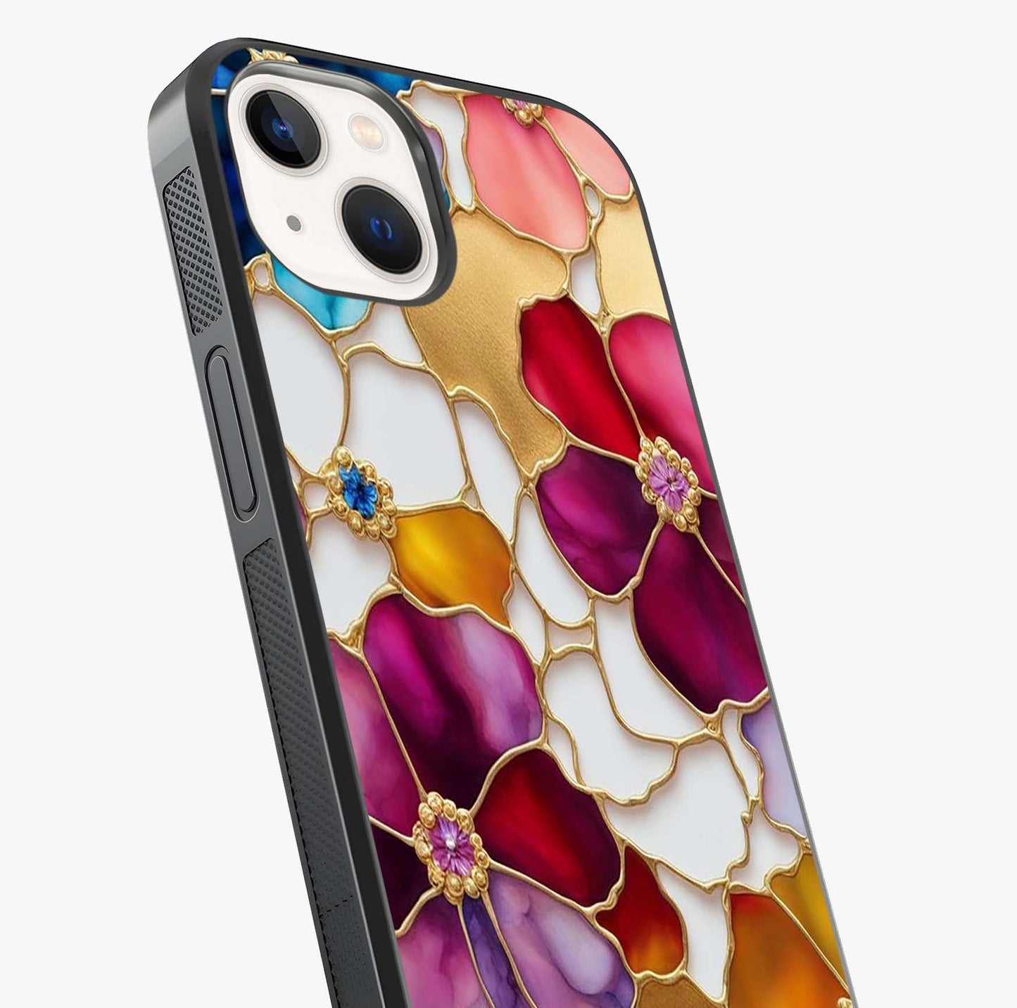 Marble Flower Pattern Glass Case captured at a warm angle highlighting gloss, texture and premium glass finish.