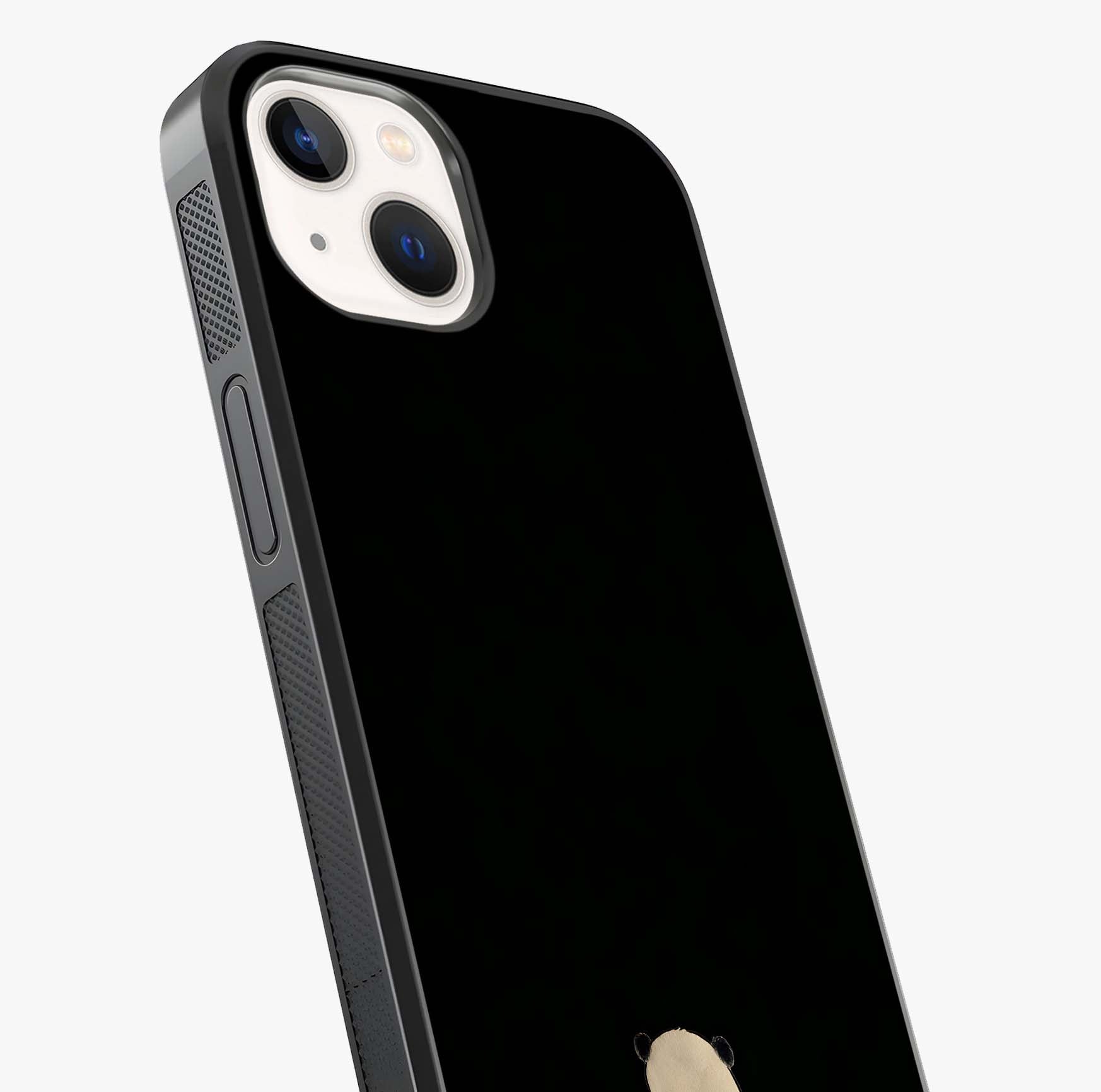 Midnight Panda Love Glass Case captured at a warm angle highlighting gloss, texture and premium glass finish.