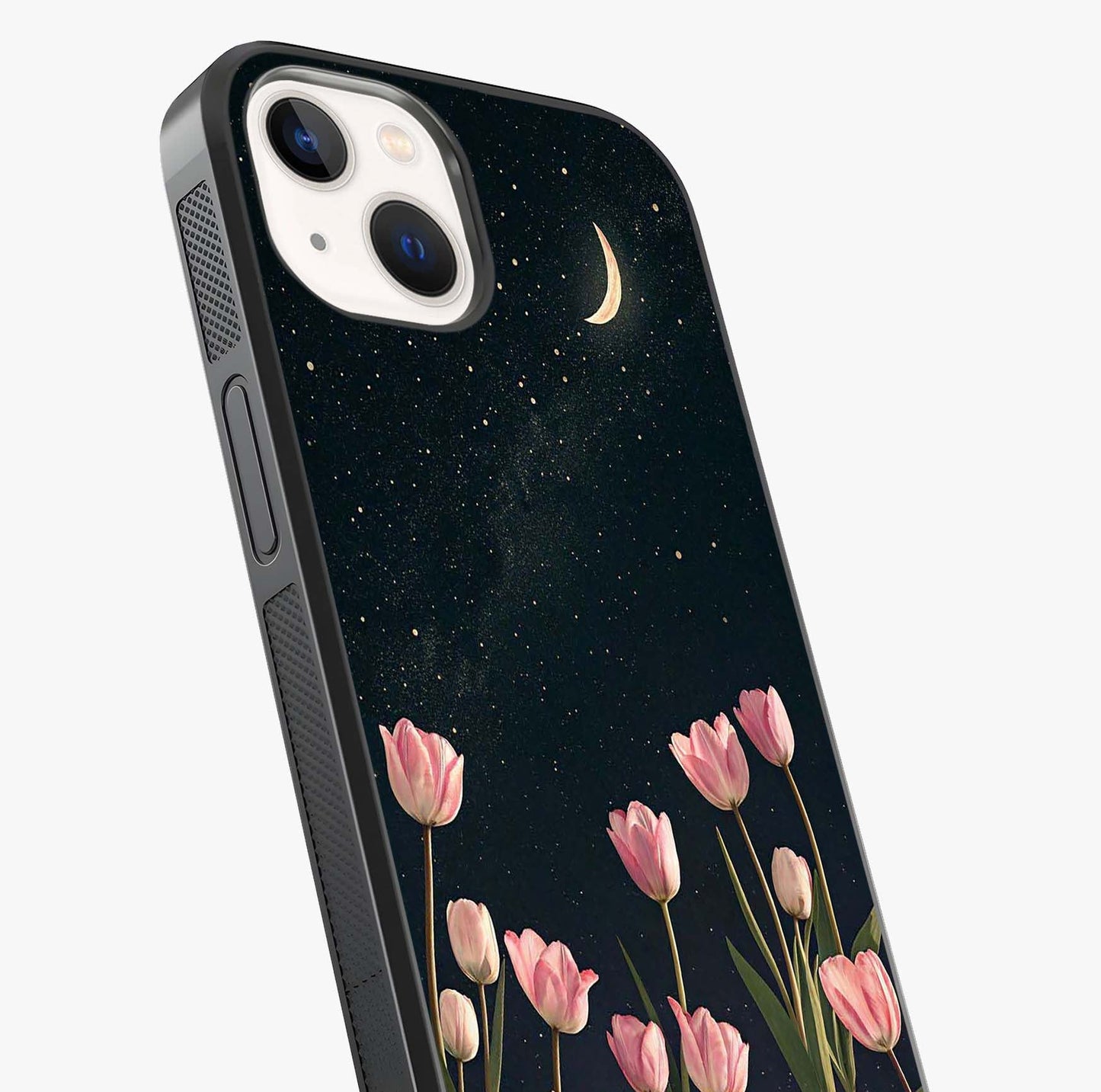 Midnight Tulip Whispers Vibe Glass Case captured at a warm angle highlighting gloss, texture and premium glass finish.