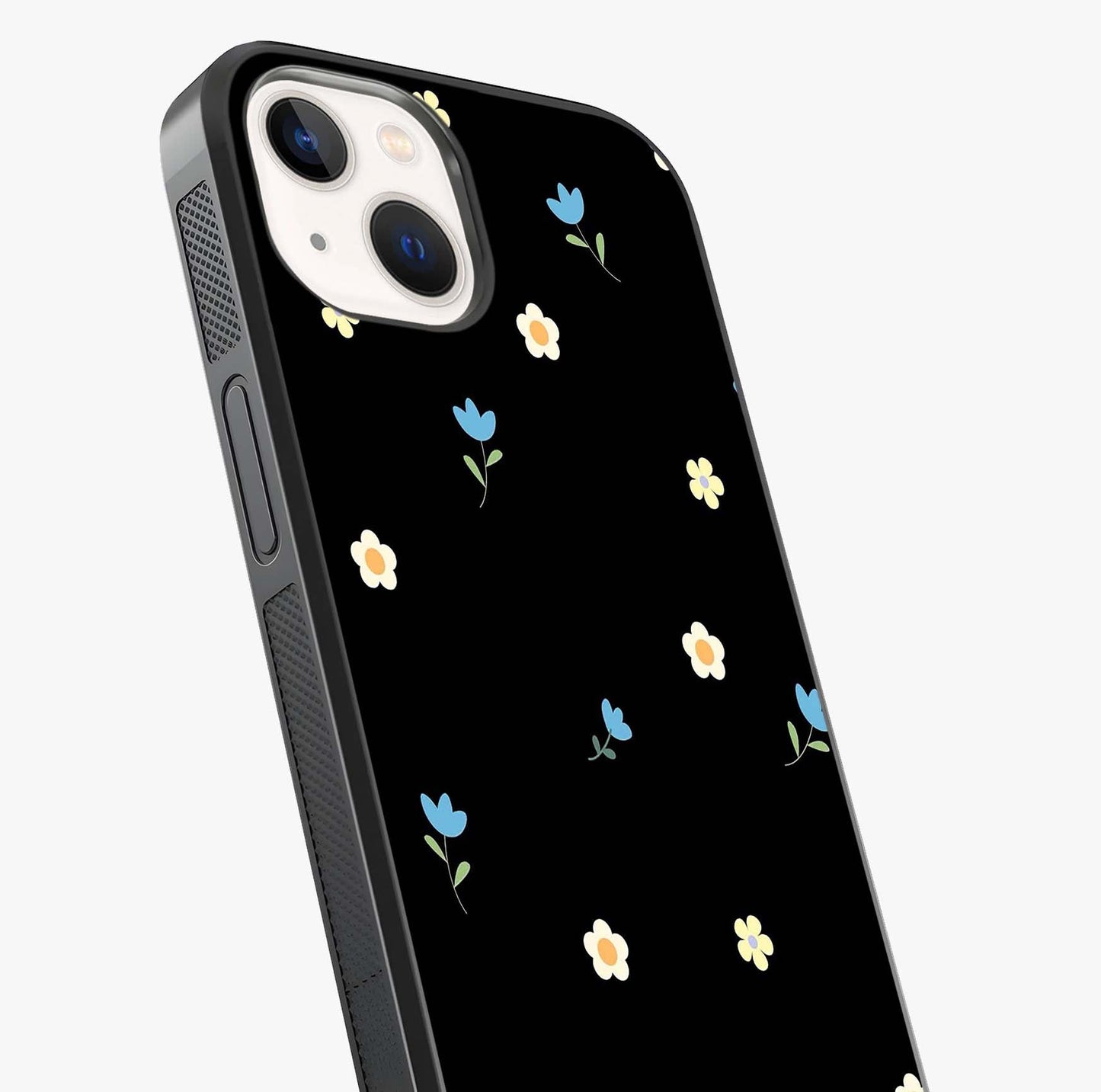 Minimalistic Blue With White Flower Pattern Glass Case captured at a warm angle highlighting gloss, texture and premium glass finish.
