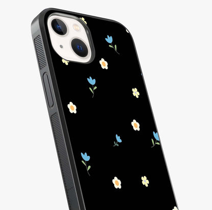 Minimalistic Blue With White Flower Pattern Glass Case captured at a warm angle highlighting gloss, texture and premium glass finish.
