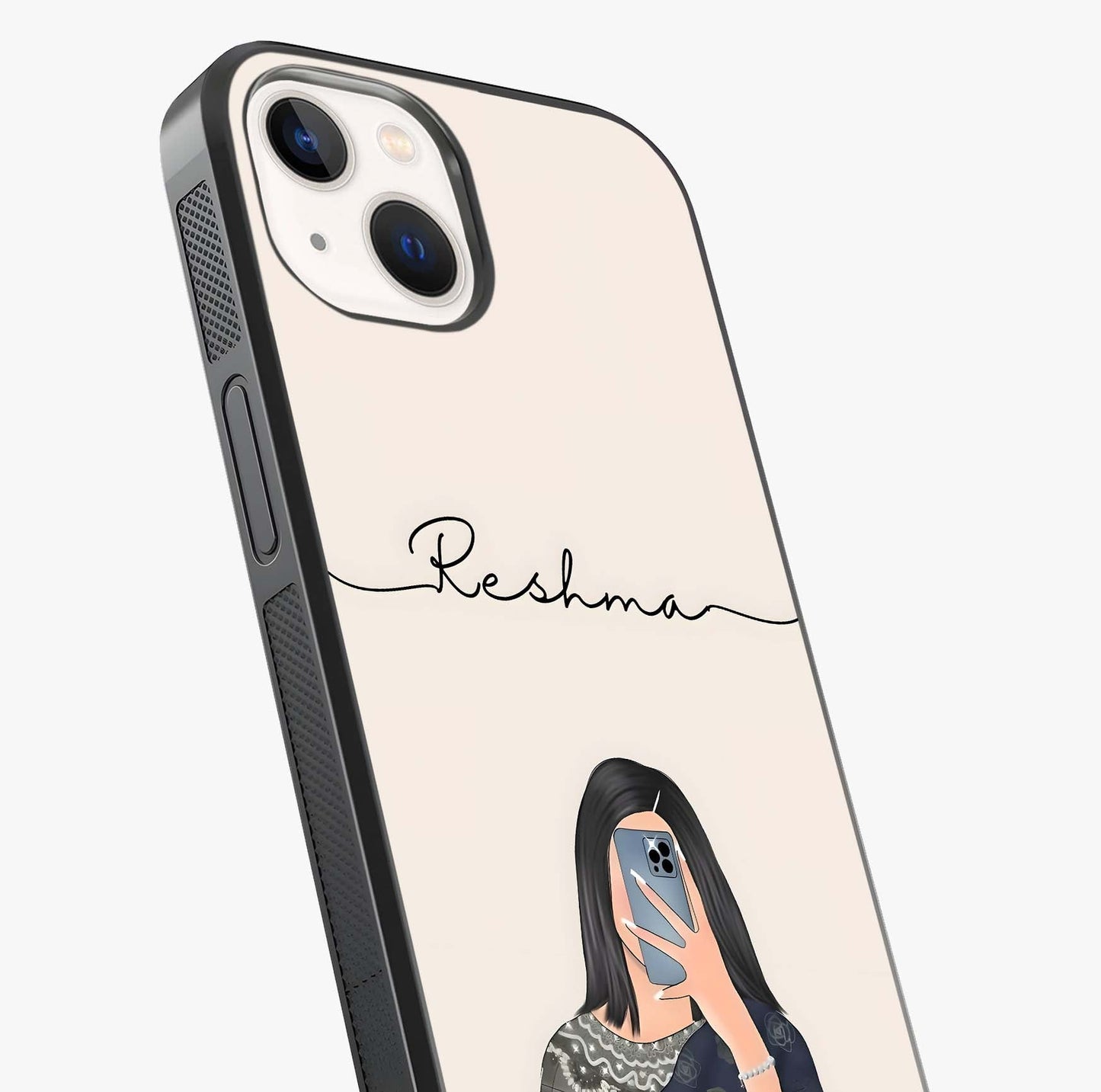 Mirror Mood Muse With Custom Name Glass Case captured at a warm angle highlighting gloss, texture and premium glass finish.
