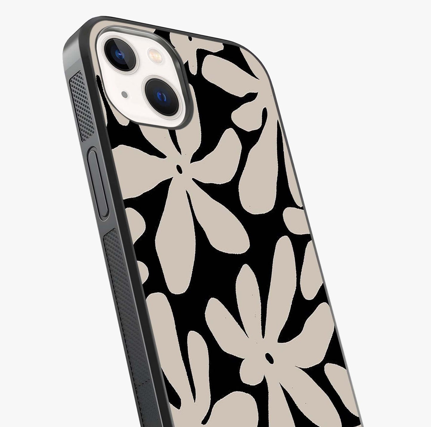 Monochrome Petal Dance Glass Case captured at a warm angle highlighting gloss, texture and premium glass finish.