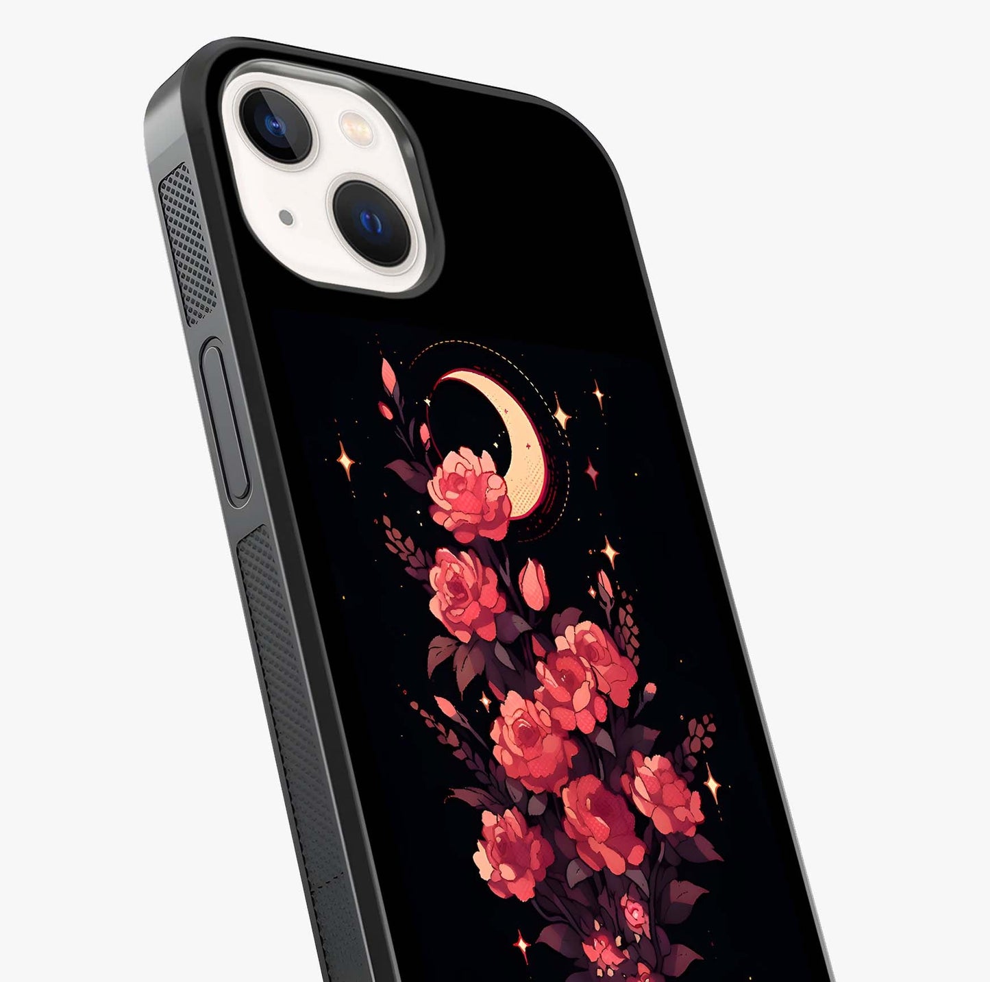 Moonlit Floral Elegance Glass Case captured at a warm angle highlighting gloss, texture and premium glass finish.