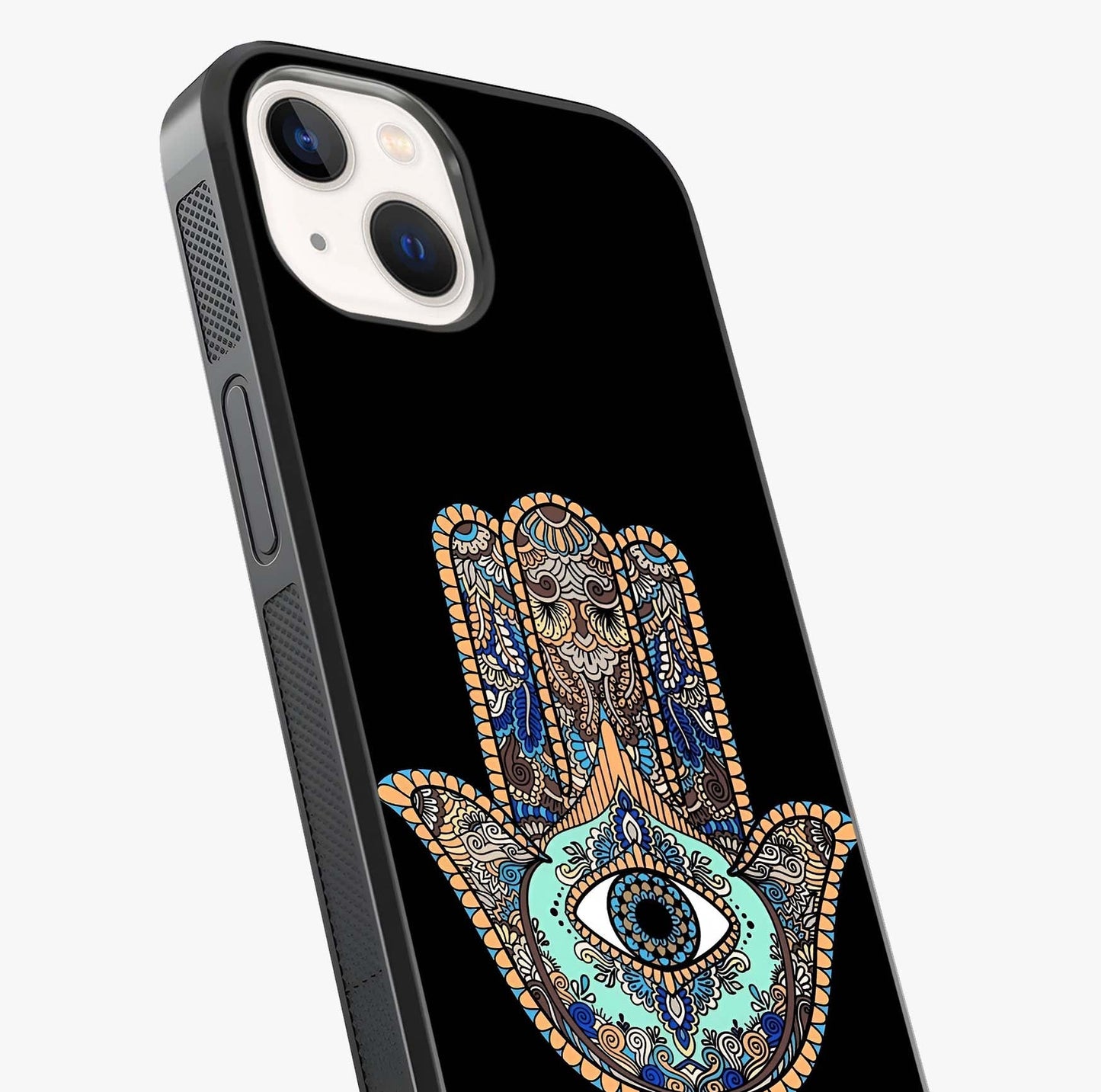 Mystic Hamsa Eye Glass Case captured at a warm angle highlighting gloss, texture and premium glass finish.