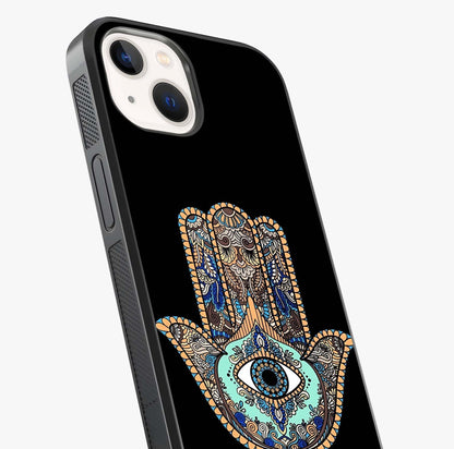 Mystic Hamsa Eye Glass Case captured at a warm angle highlighting gloss, texture and premium glass finish.