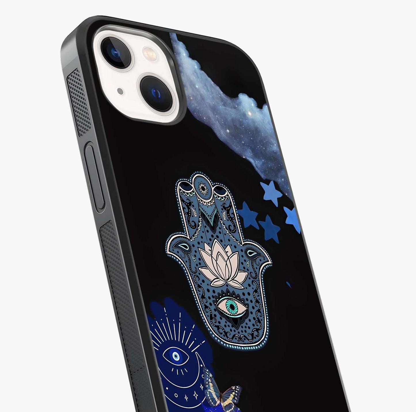 Mystic Hand Aura Glass Case captured at a warm angle highlighting gloss, texture and premium glass finish.
